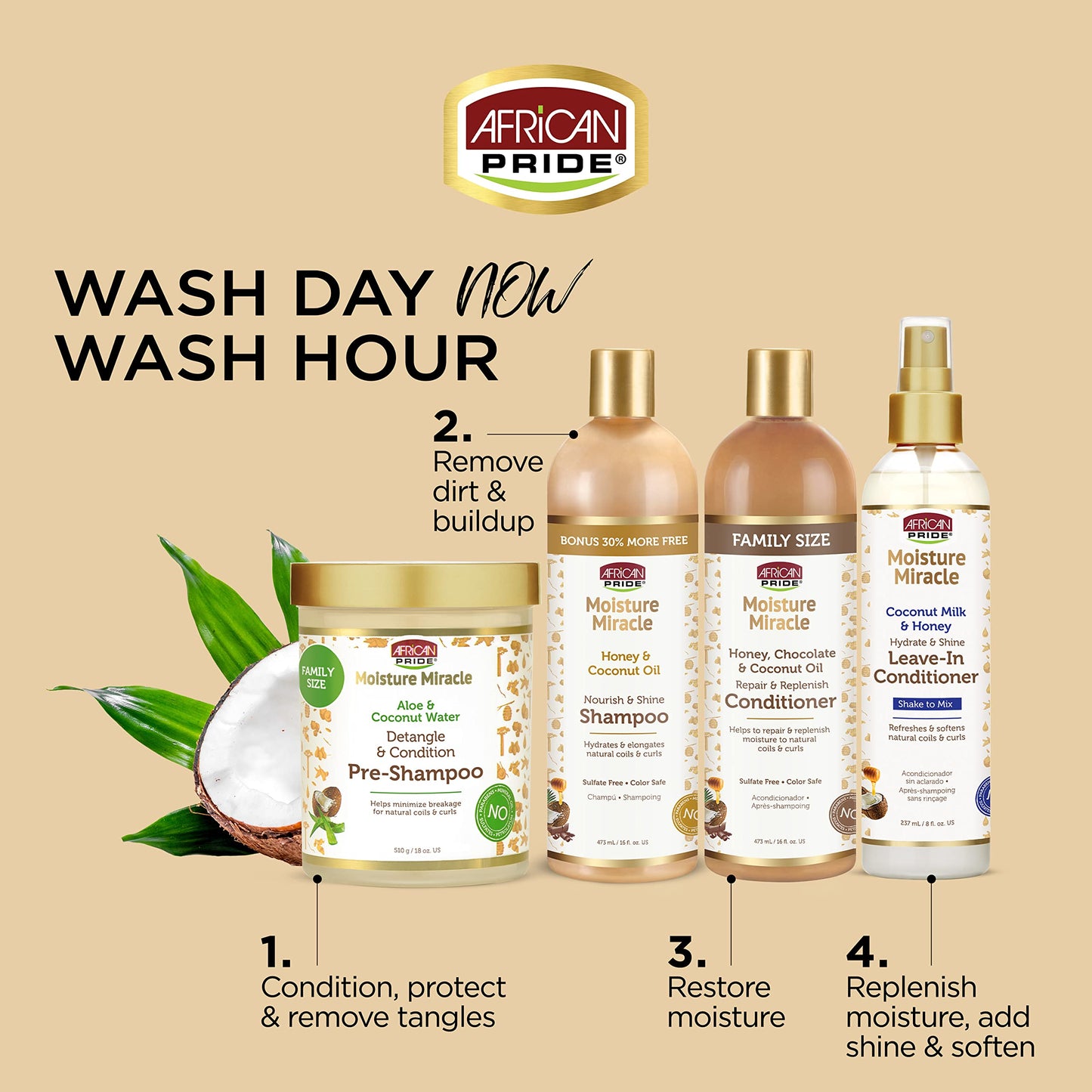 African Pride Moisture Miracle Honey & Coconut Oil Shampoo - For Natural Coils & Curls, Nourishes & Shines, Sulfate Free, Color Safe, 12 oz. Beauty & Personal Care African Pride
