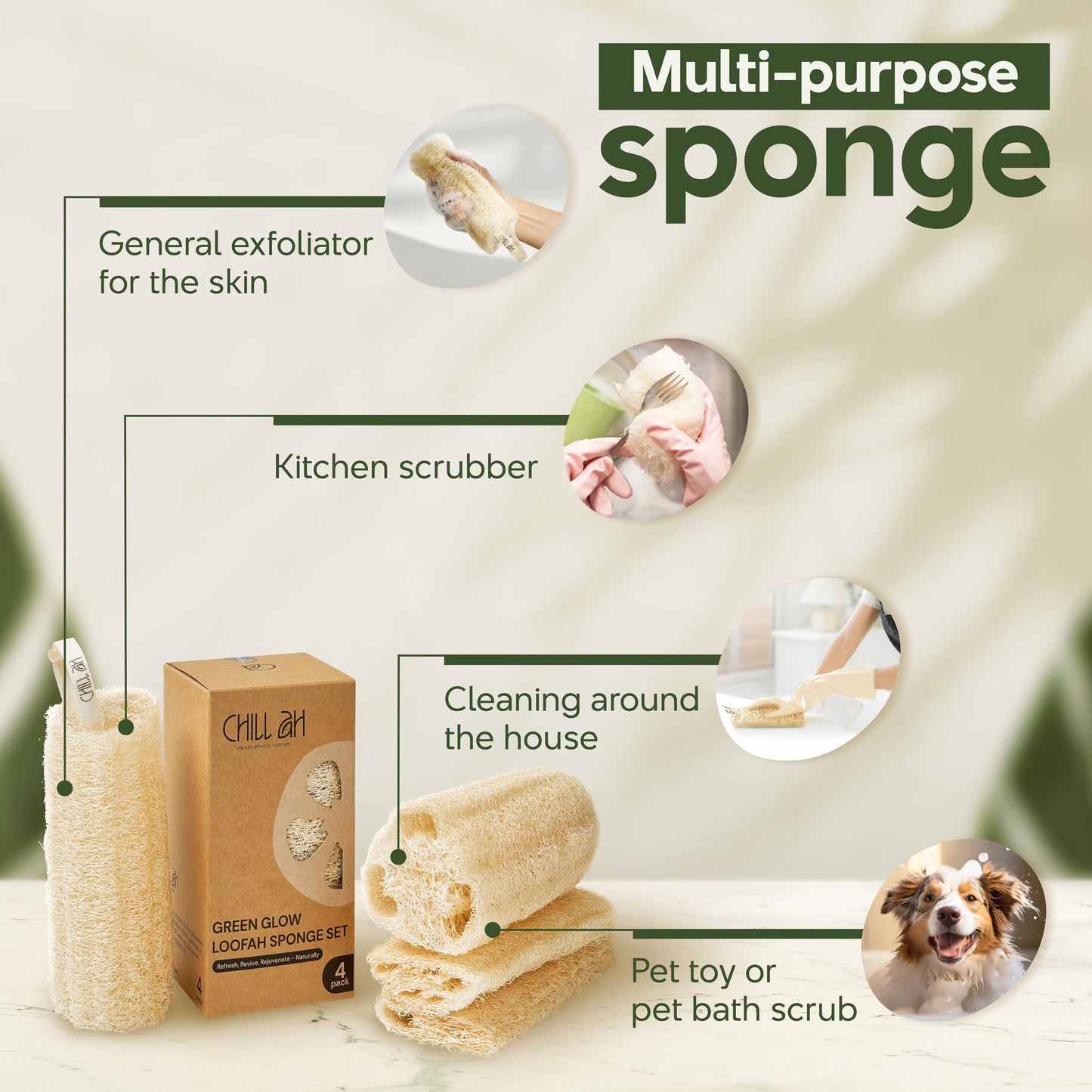 Chill Ah Natural Loofah Sponge Set - 100% Plant-Based, Dye-Free, Biodegradable Bath Exfoliator for Glowing Skin - Handcrafted in Vietnam (4-Pack) Beauty and Personal Care Chill Ah