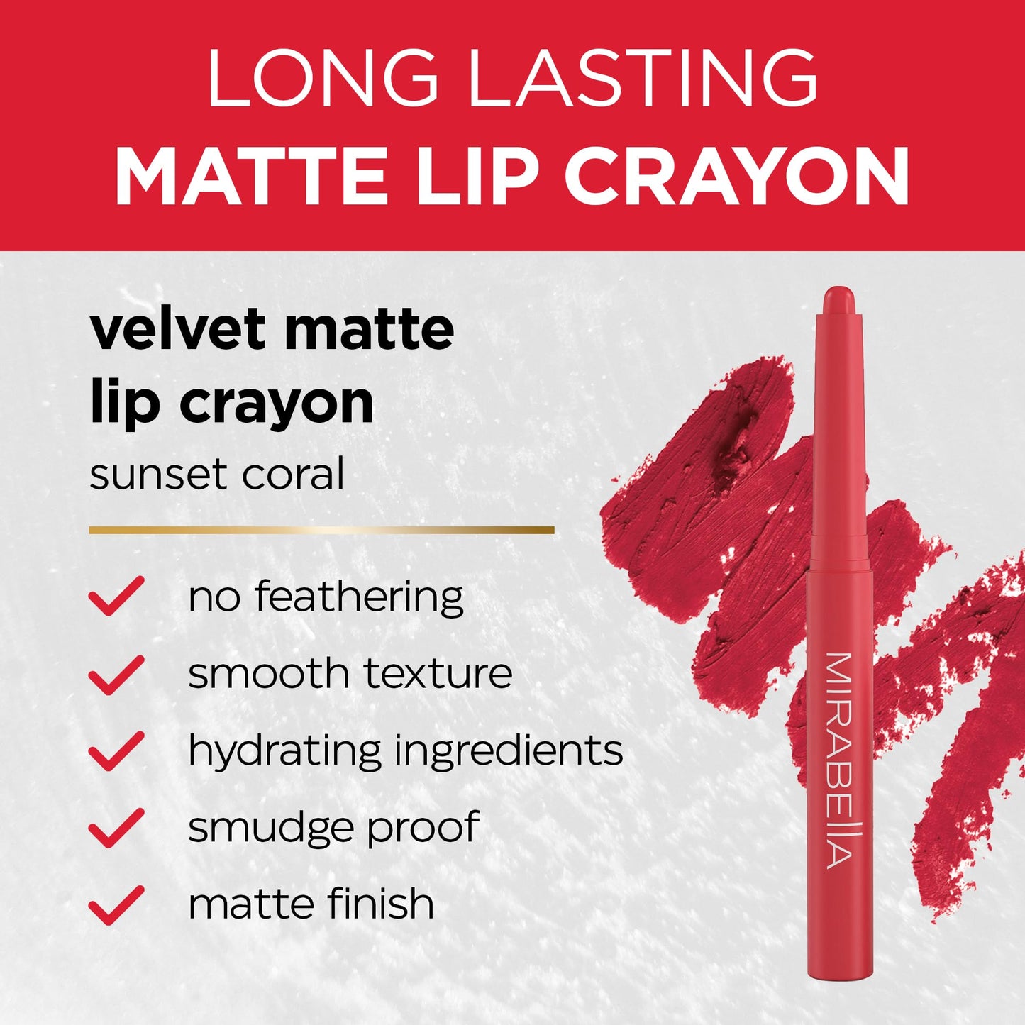 Mirabella - Velvet Matte Lip Crayon, Retractable Highly-Pigmented 2-in-1 Makeup, Long-Lasting Hydrating Lipstick Crayon + Lip Liner, Moisturizing Beauty & Personal Care Mirabella