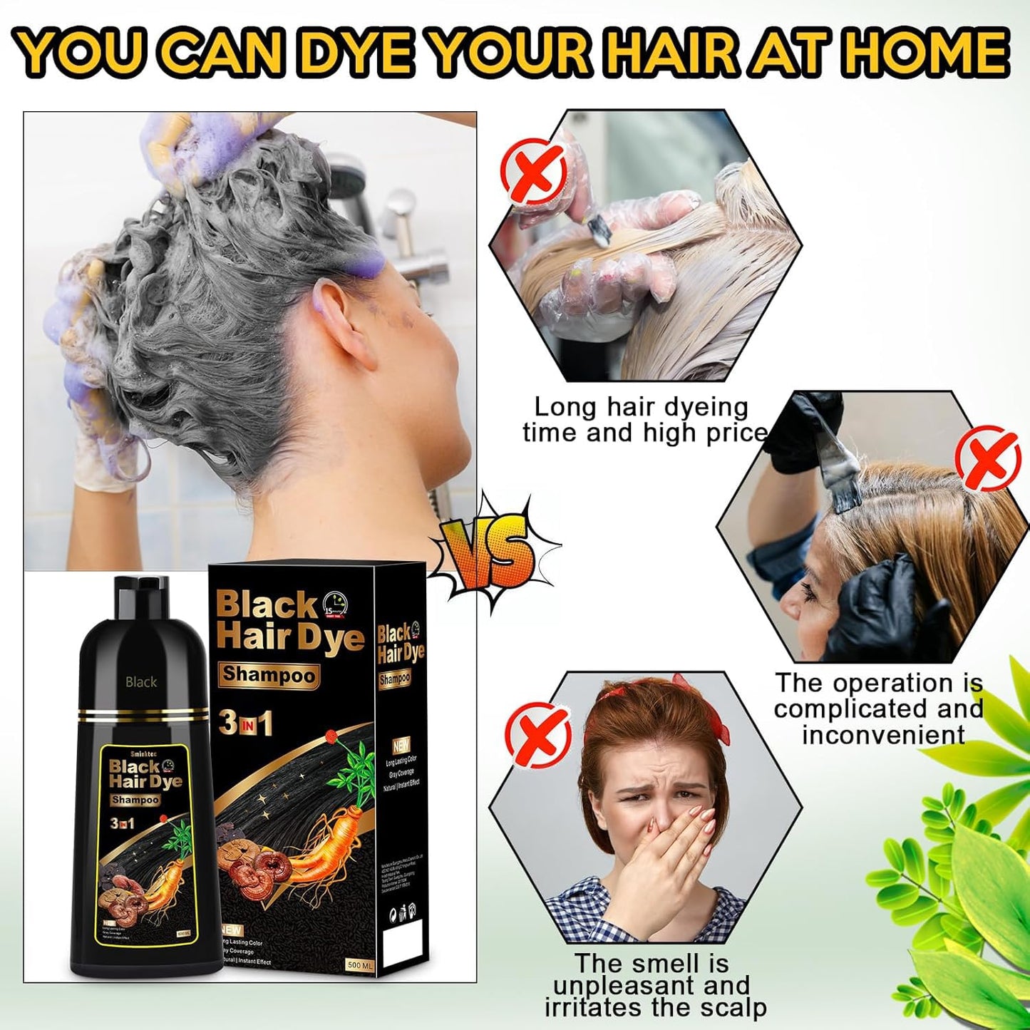 Sminktec Hair Dye Shampoo 3 in 1 for Gray Hair, Herbal Ingredients Natural Shampoo Hair Dye for Women Men (Black) Beauty and Personal Care Sminktec