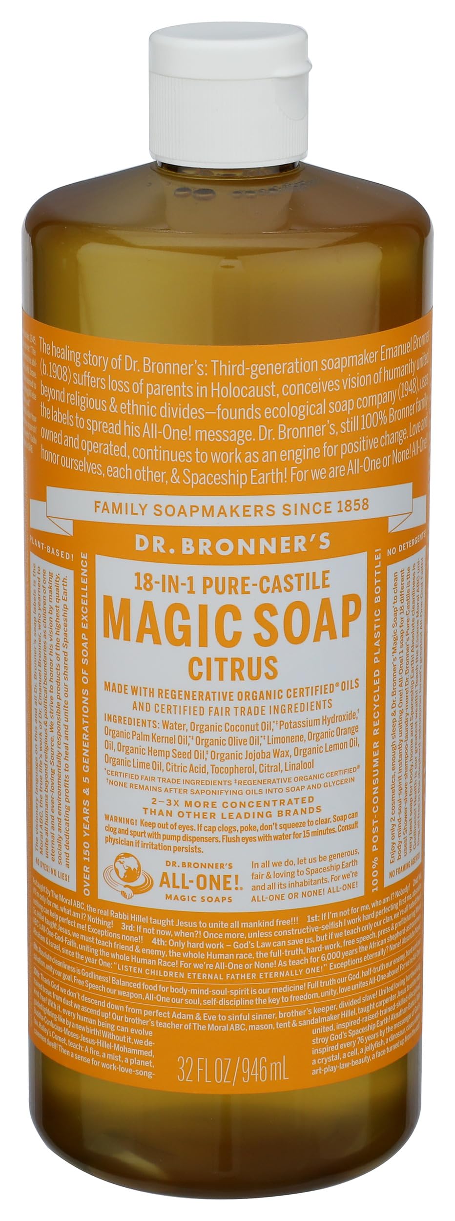 Dr Bronners, Soap Castile Liquid Citrus Orange M/W Oils Fair Trade, 32 Fl Oz Beauty & Personal Care Dr. Bronner's