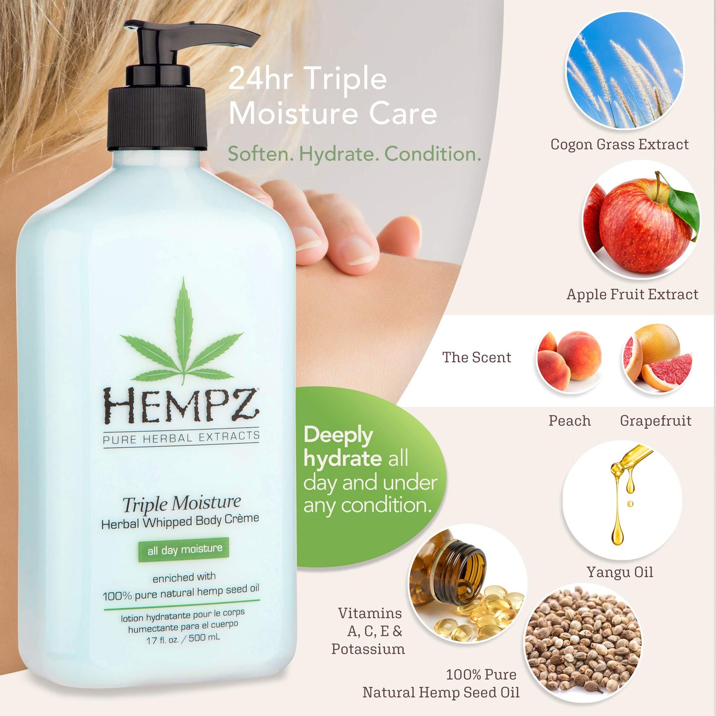 Hempz Natural Triple Moisture Herbal Whipped Body Cream with 100% Pure Hemp Seed Oil for 24-Hour Hydration, Moisturizing Vegan Skin Lotion with Yangu Beauty & Personal Care Hempz
