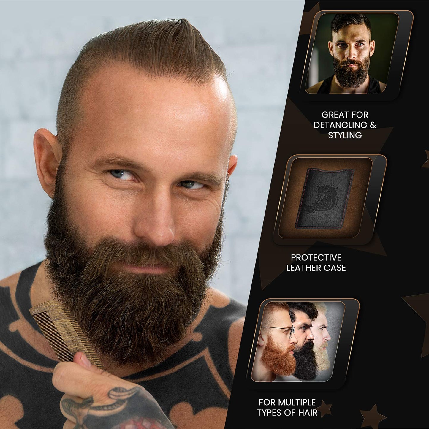 Bossman Pocket Size Sandalwood Comb with Protective Case - Fine and Wide Tooth for Beard, Mustache, and Hair Shaping Tool Beauty & Personal Care Bossman