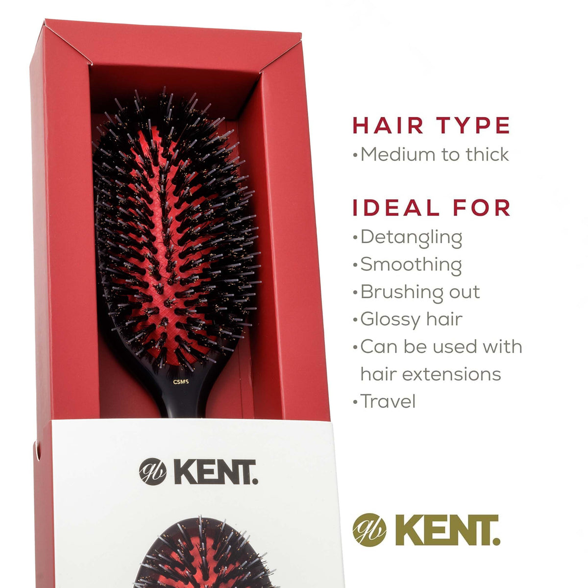 Kent CSMS 7.25" Classic Shine Small Oval Cushion Straightening Brush - Natural Black Boar Bristle Hair Brush with Nylon Quills - Shine Hair Brush and