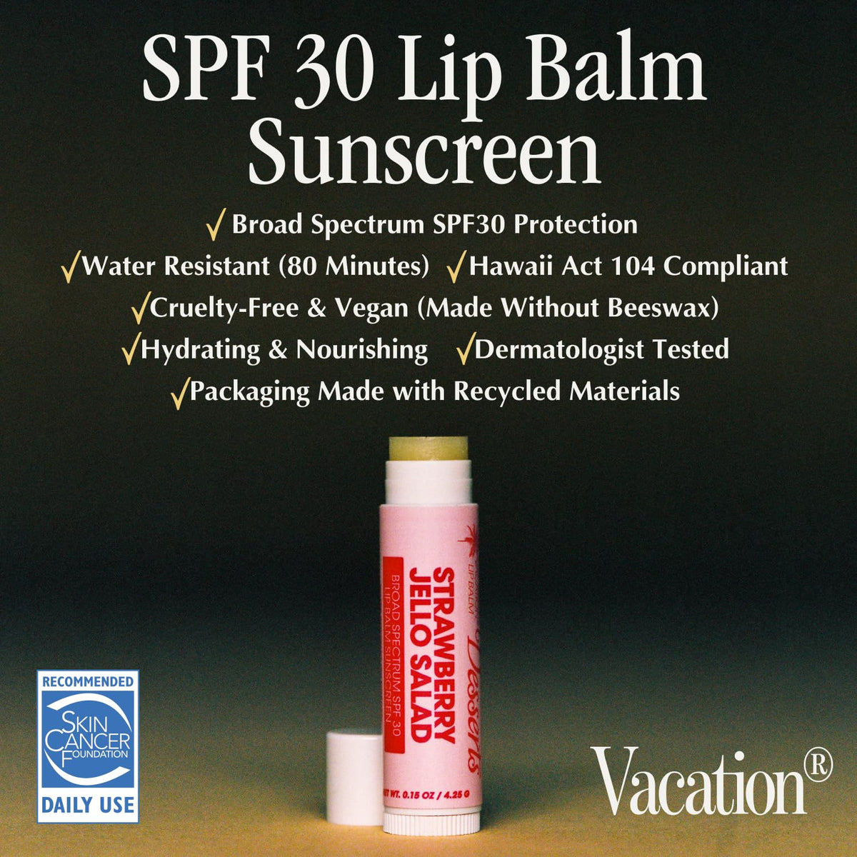 Vacation Strawberry Jello Salad SPF 30 Lip Balm, Hydrating Sunscreen for Lips, Water-Resistant, Lightweight, Transparent Sheen, Vegan Formula Made Beauty & Personal Care VACATION