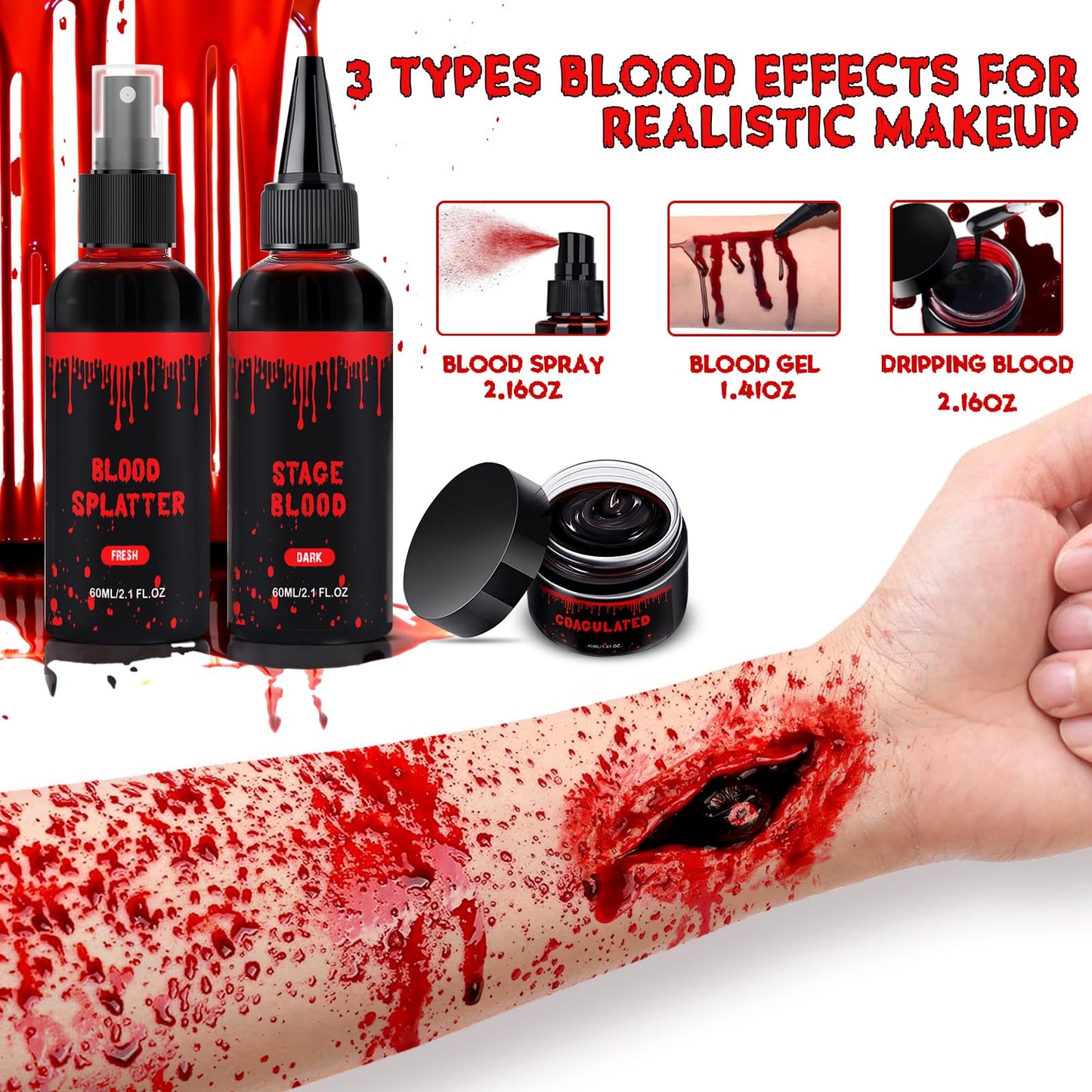 Halloween Fake Blood Makeup Kit, Blood Spray 2.1oz + Dripping 2.1oz + Coagulated 1.41oz(3PCS), Washable Realistic SFX Makeup for Cosplay, Clothes Beauty & Personal Care METINIMI