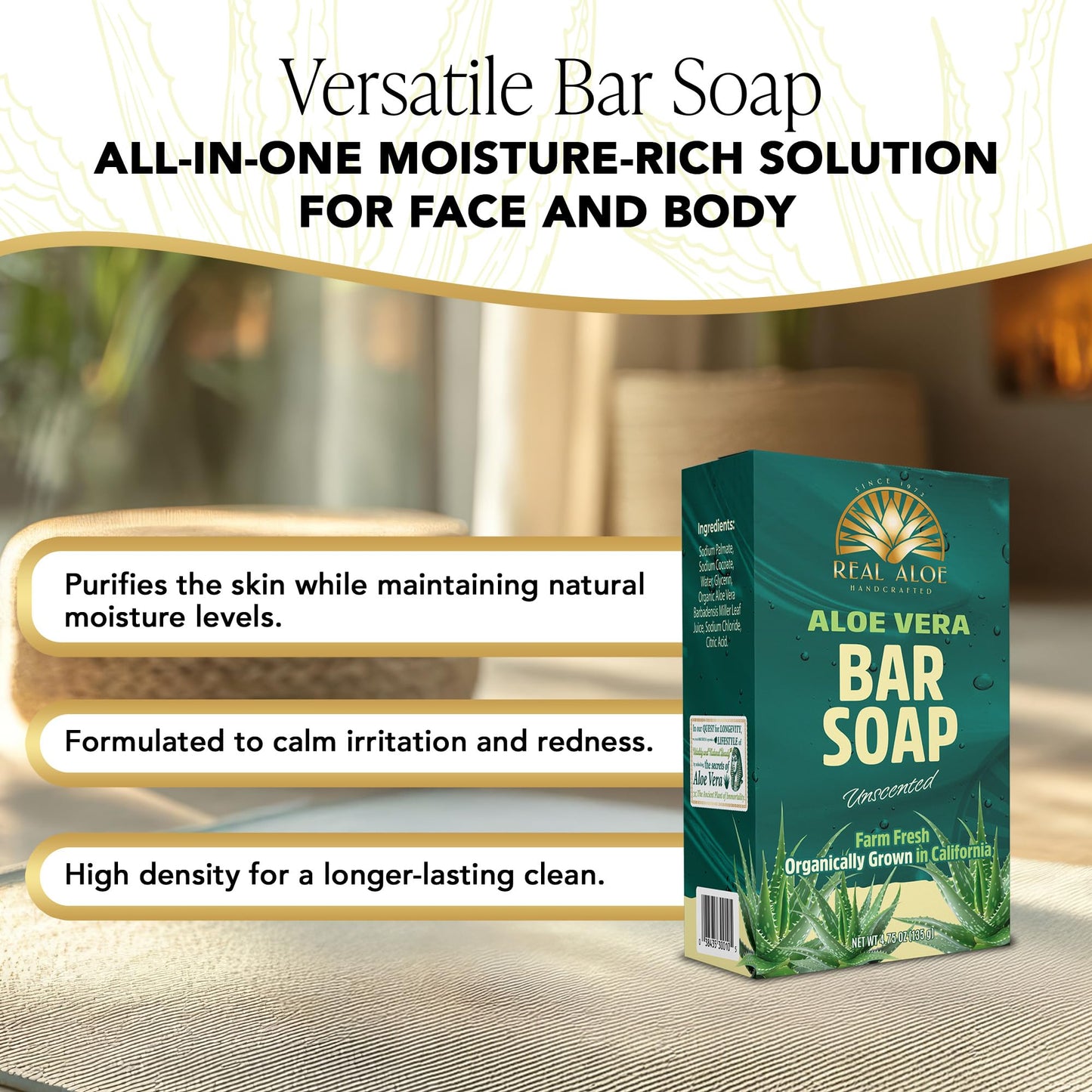 Real Aloe Aloe Vera Bar Soap (4.75 oz) | Organically Grown California Aloe | Gentle, Hydrating Cleanse for Face & Body | Unscented, Travel-Friendly | Beauty & Personal Care Real Aloe