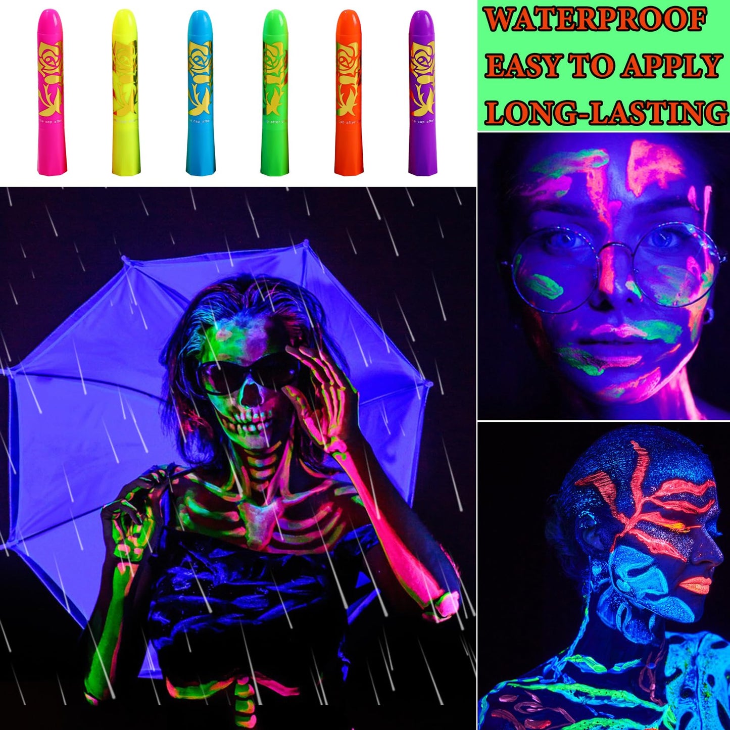 6 Pcs Glow in the Dark Face Body Paint,Blacklight Neon Face & Body Paints,Easily Cleanable Paint Set Neon Makeup Glow in the Dark Party Supplies A Beauty & Personal Care BKPPLZP