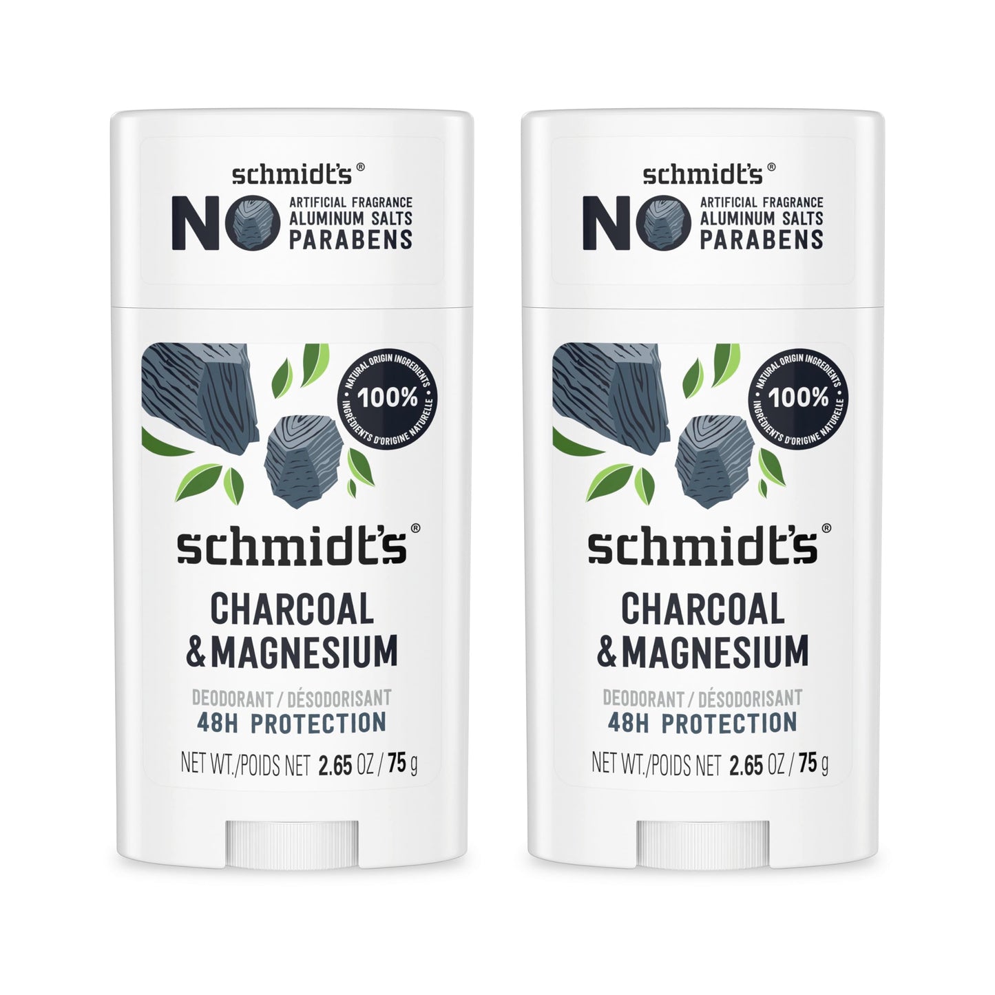 Schmidt's Aluminum-Free Vegan Deodorant Charcoal & Magnesium with 48 Hour Odor Protection, 2 Count for Women and Men, Natural Ingredients Beauty and Personal Care Schmidt's