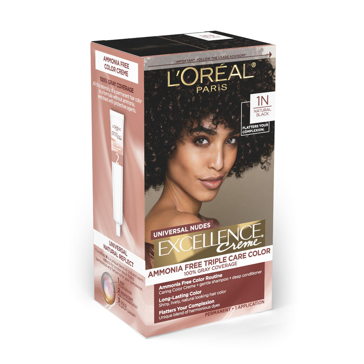 L’Oreal Paris Excellence Universal Nudes Permanent Hair Color, Ammonia Free Hair Dye for Gray Hair Coverage, 1N Natural Black, 1 Hair Dye Kit