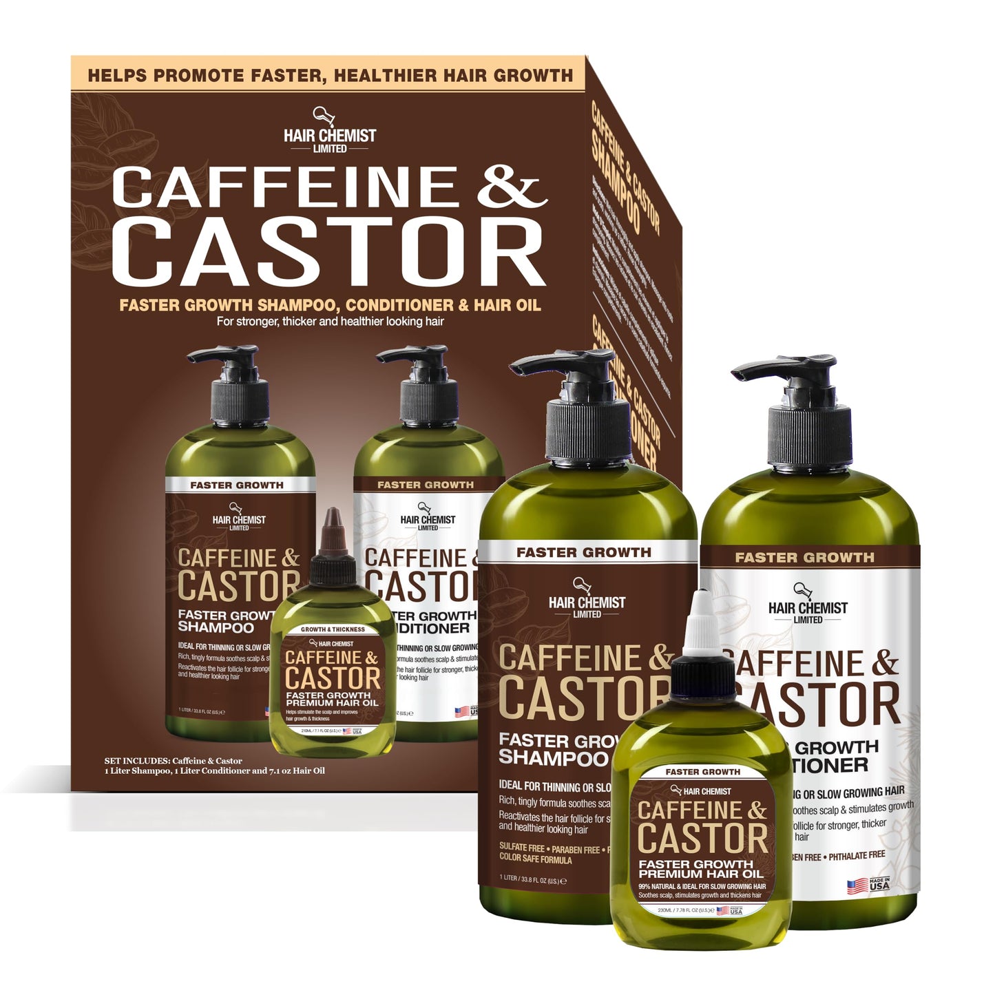 Hair Chemist Caffeine & Castor Large Shampoo/Conditioner/Hair Oil 3-PC Boxed Gift Set - Sulfate Free Shampoo & Conditioner for Growth Beauty & Personal Care Hair Chemist