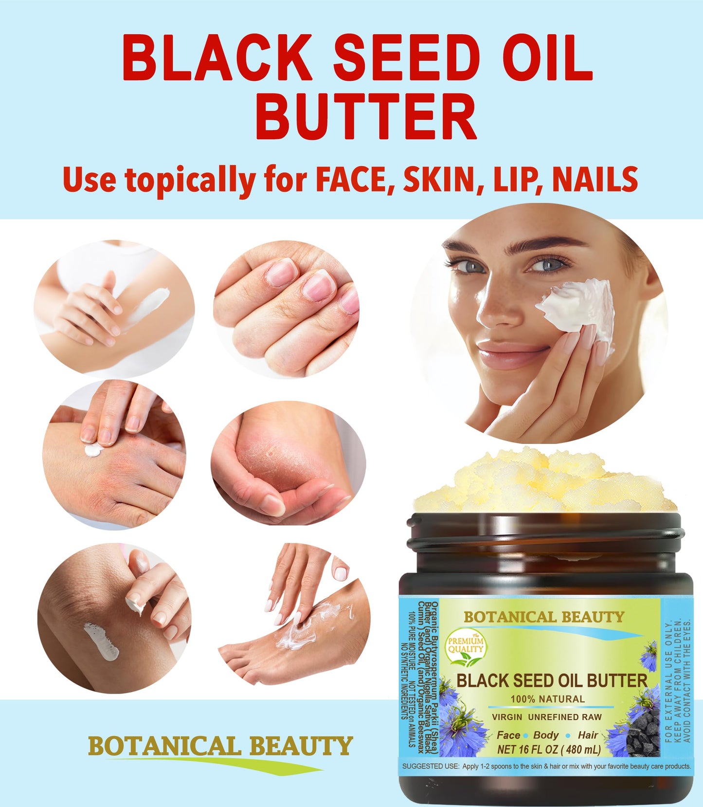 Botanical Beauty BLACK SEED OIL BUTTER 100% Natural Pure Virgin Unrefined Raw for FACE, SKIN, BODY, HAIR, NAILS, DRY SKIN. Organic Black Seed Oil Beauty & Personal Care Botanical Beauty
