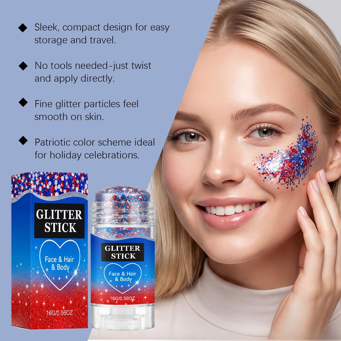 4th of July Glitter Stick, 2026 New Patriotic Hair Face Body Glitter Stick for Independence Memorial Day, Red White and Blue Body Glitter Stick Fourth Beauty & Personal Care SANQiMAO