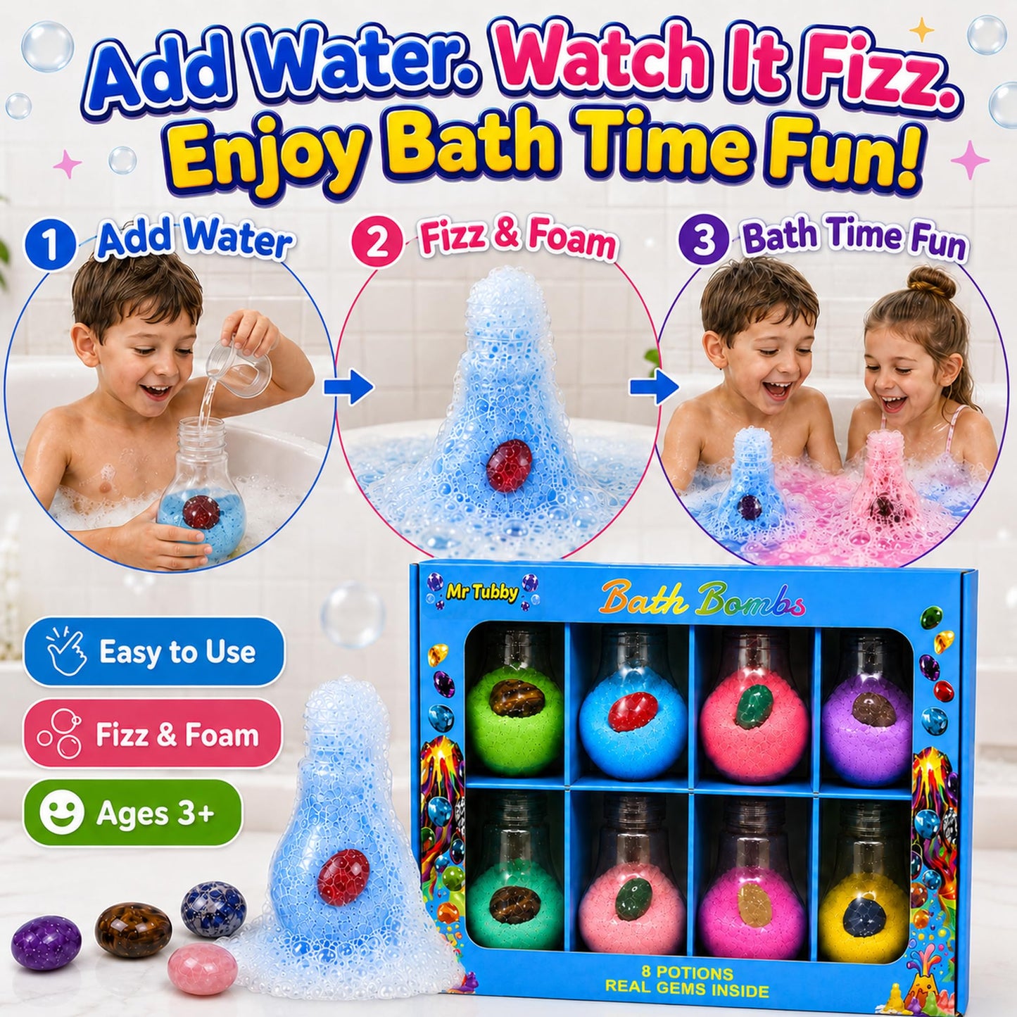 Mr Tubby Bath Bombs for Kids, 8 Potion Bottle Bath Bombs with Random Real Gem Surprises, Fizz & Foam Bath Toy Set, Gift-Ready Bath Bombs for Boys Beauty and Personal Care Mr Tubby