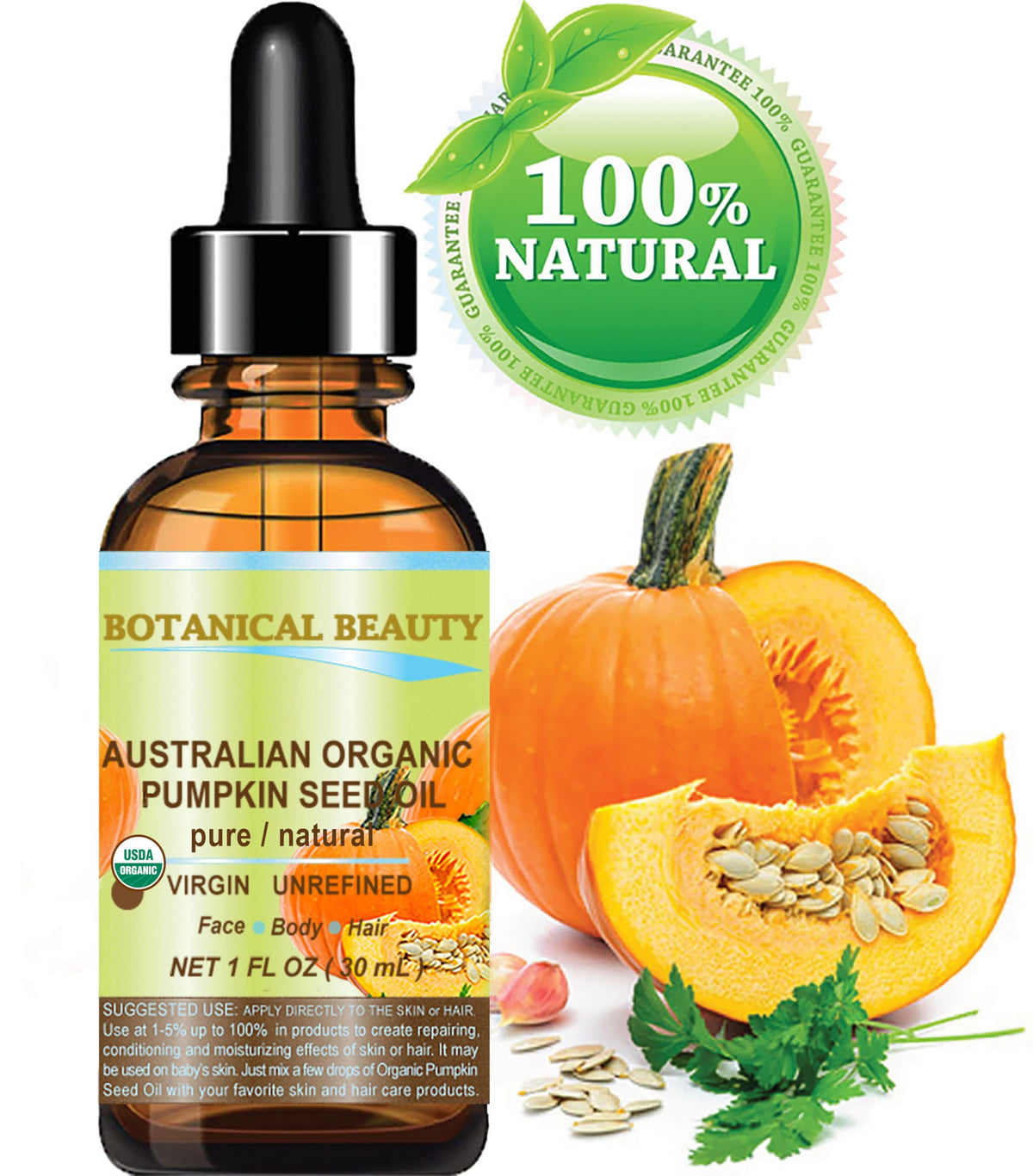 Botanical Beauty Australian ORGANIC PUMPKIN SEED OIL 100% Pure Natural Virgin Unrefined Cold Pressed Carrier Oil. 1 Fl.oz.- 30 ml. for Face, Skin Beauty & Personal Care Botanical Beauty