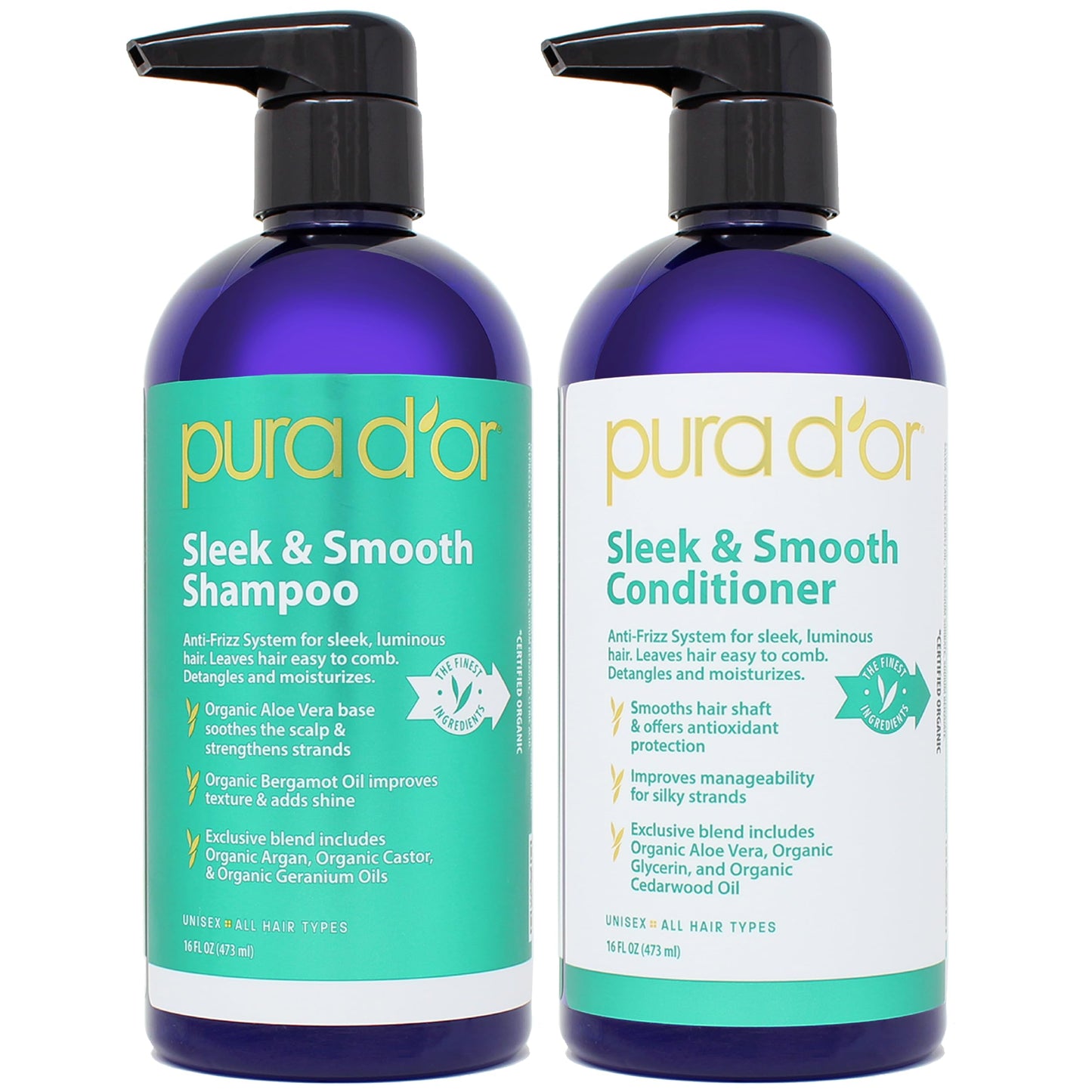 PURA D'OR Sleek & Smooth Shampoo and Conditioner Set For Frizz-Free & Silky Smooth Hair, Infused with Organic Aloe Vera, Argan Oil, Castor Oil Beauty & Personal Care PURA D'OR