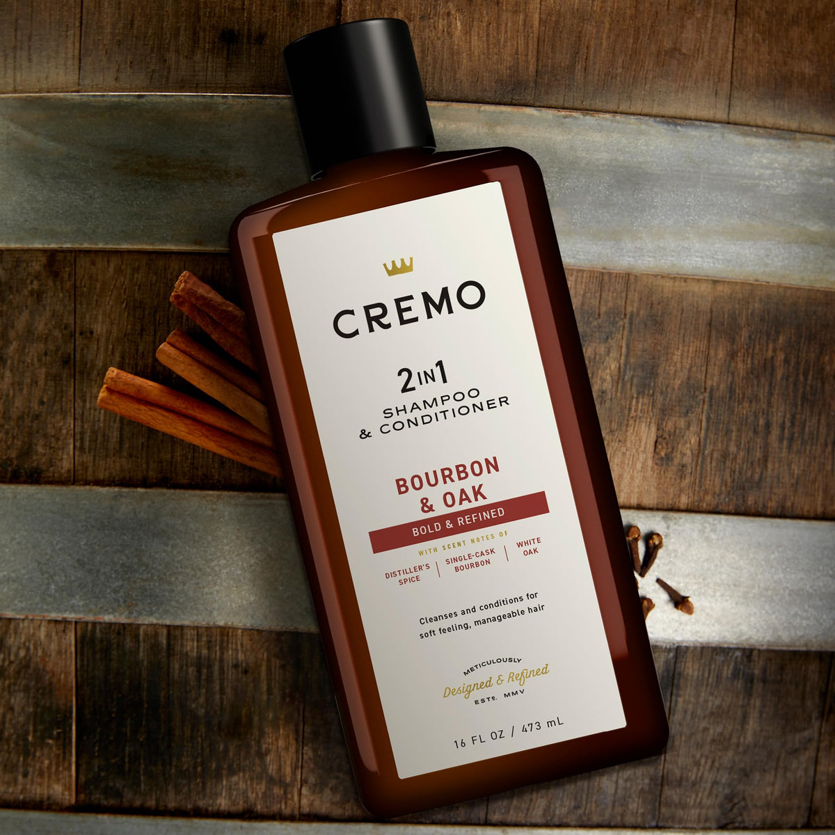 Cremo Bourbon & Oak Barber Grade 2-in-1 Shampoo & Conditioner, 16 Fl Oz (2-Pack) - A Sophisticated Blend of Distiller’s Spice, Fine Bourbon and White