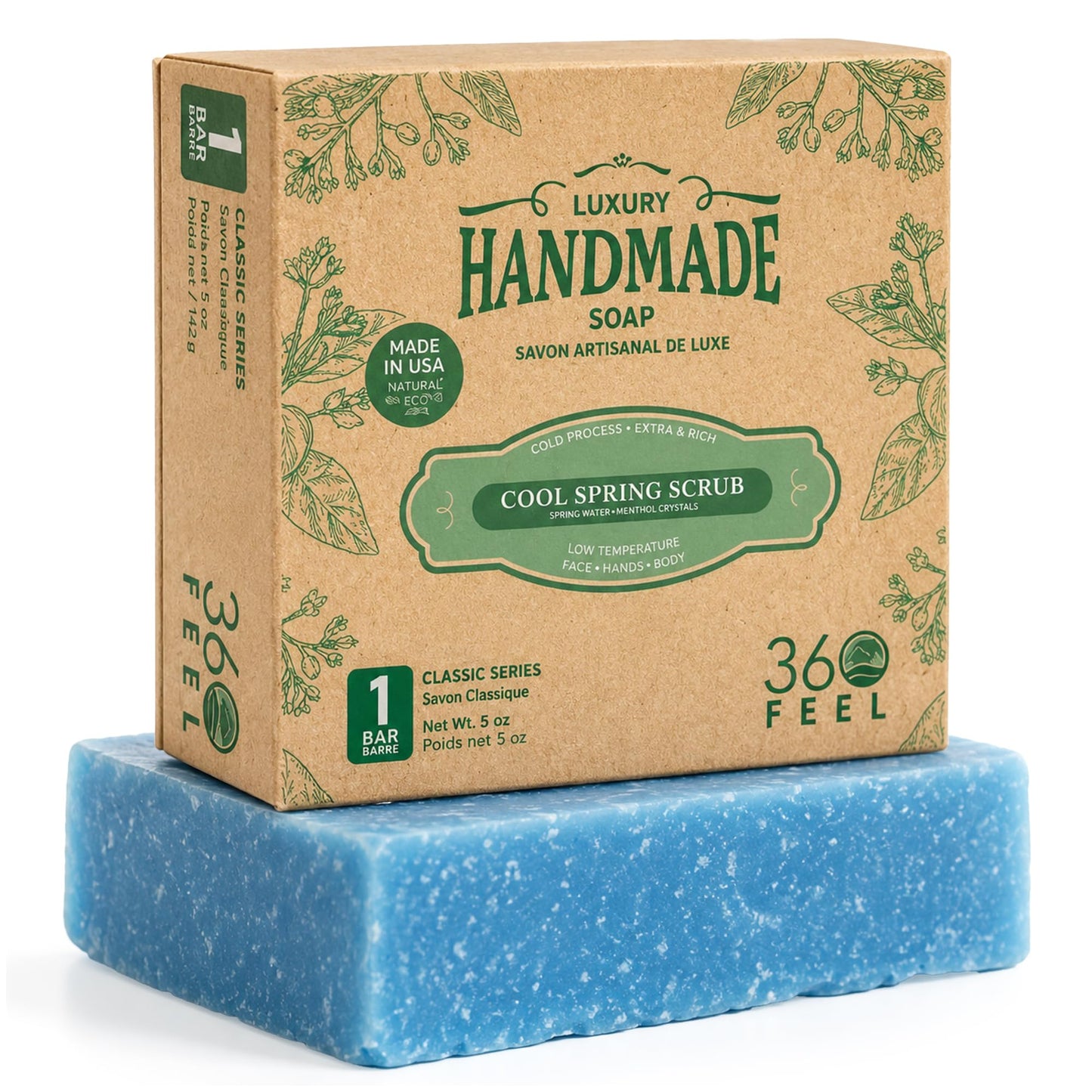 360Feel Cool Spring Scrub Soap - Made in The USA - Castile Handmade, All-Natural, Cold-Processed - Infused with Essential Oils for Gentle Exfoliation Beauty & Personal Care 360Feel
