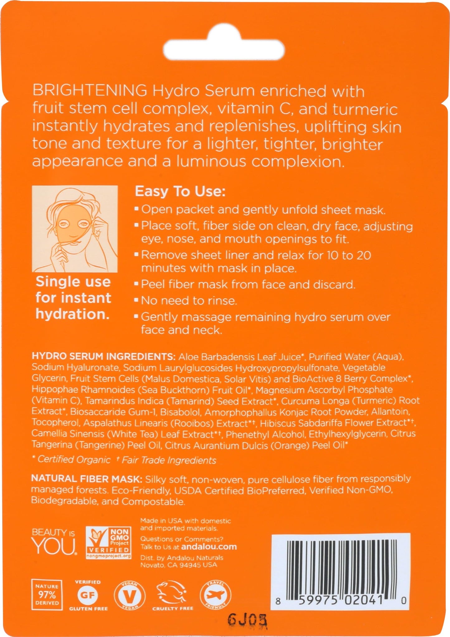 Andalou Naturals Instant Brighten & Tighten Hydro Serum Facial Mask, 0.6 Fluid Ounce Beauty & Personal Care Andalou Naturals