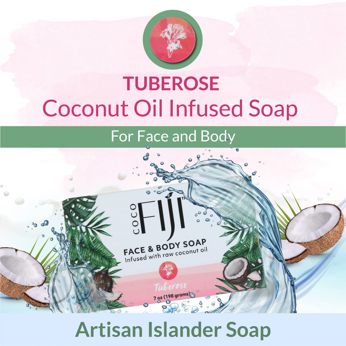 Coco Fiji Soap Bar for Face and Body Infused With Organic Coconut Oil, Tuberose, Essential Oil, Natural Soap for Moisturizing & Pore Purifying Skin, 7 Beauty & Personal Care Organic Fiji