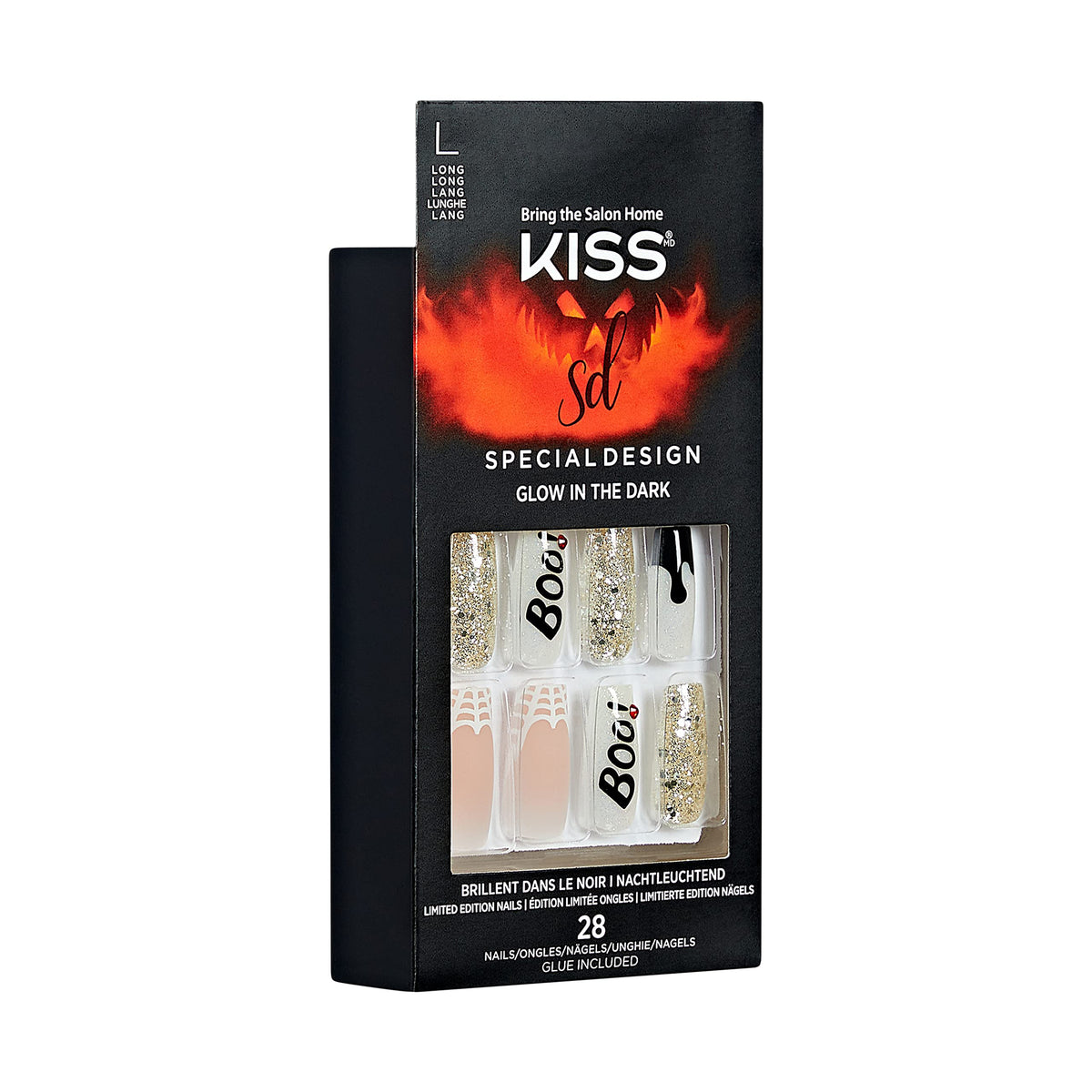 KISS Special Design Halloween Fake Nails, Glow-In-The-Dark, Style ‘Party Till I Die’, with Pink Gel Nail Glue, Mini Nail File, Manicure Stick, & 28