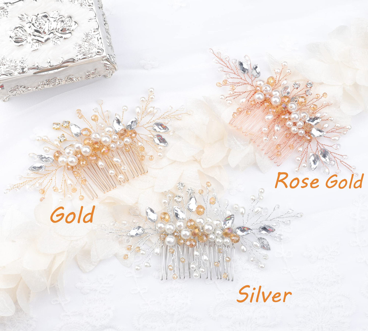 Kercisbeauty Wedding Bridal Bridesmaids Flower Girl Crystal and Pearl Side Hair Comb Slide Headpiece Long Curly Bun Hair Accessories for Prom (Rose Beauty & Personal Care Kercisbeauty