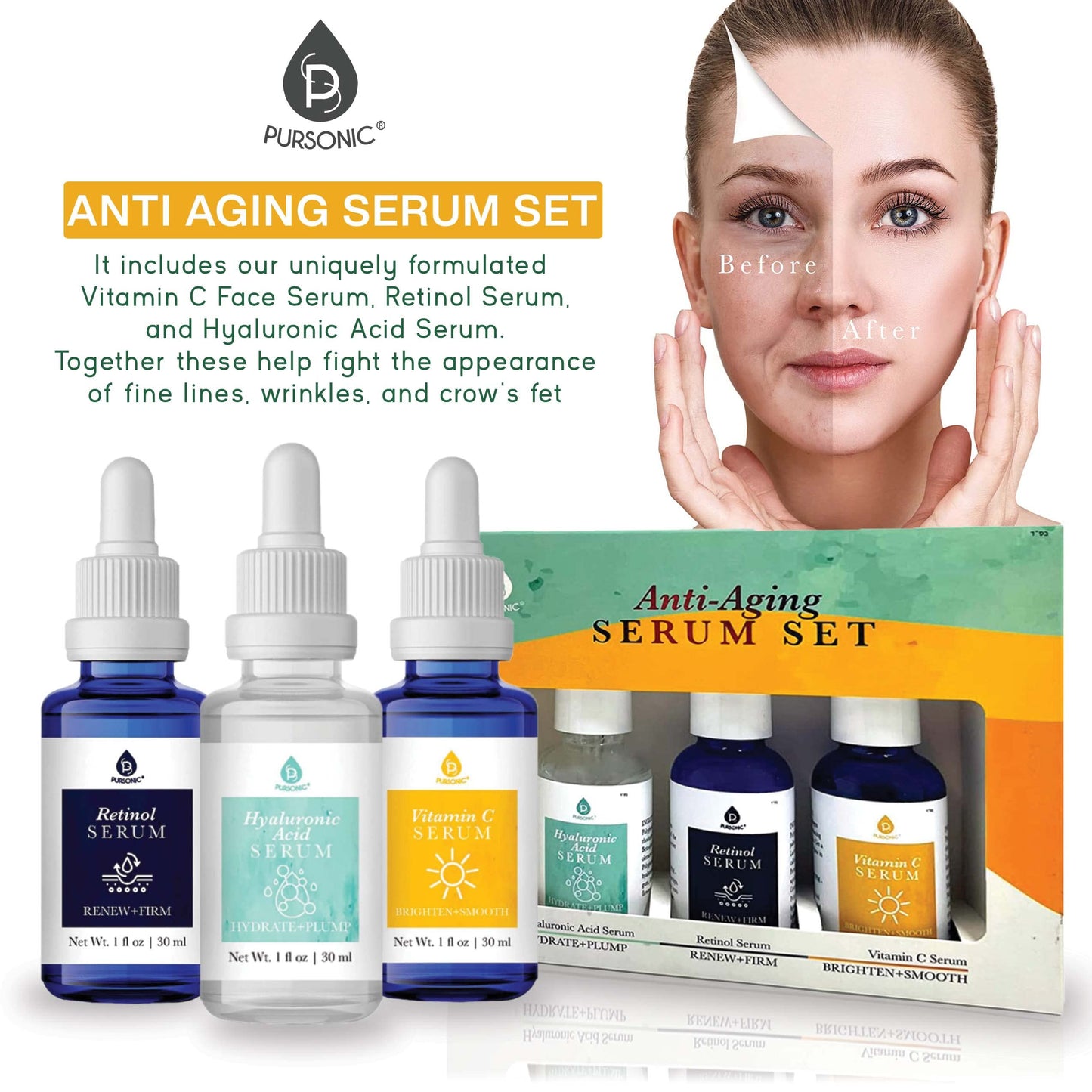 PURSONIC Anti Aging Skin Care Set of 3 - Hyaluronic Acid Serum, Retinol Serum & Vitamin C Face Serum for Women - Nourishing Hydrating Serum for Face Beauty & Personal Care PURSONIC