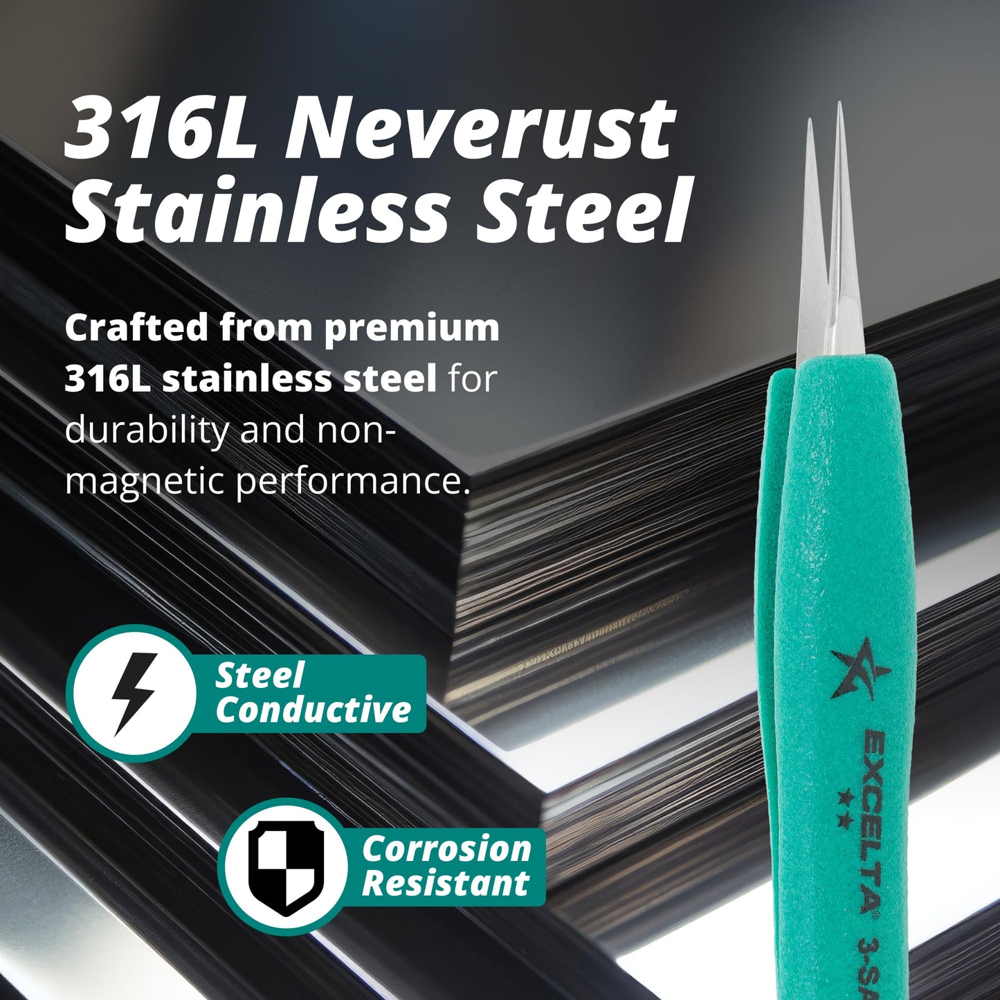 Excelta Ergo-Tweeze 3-SA-PI-ET Precision Tweezers, Straight Very Fine Tip, ESD Safe TealShield Grips, Anti-Magnetic 316L Neverust Stainless Steel Beauty and Personal Care Excelta