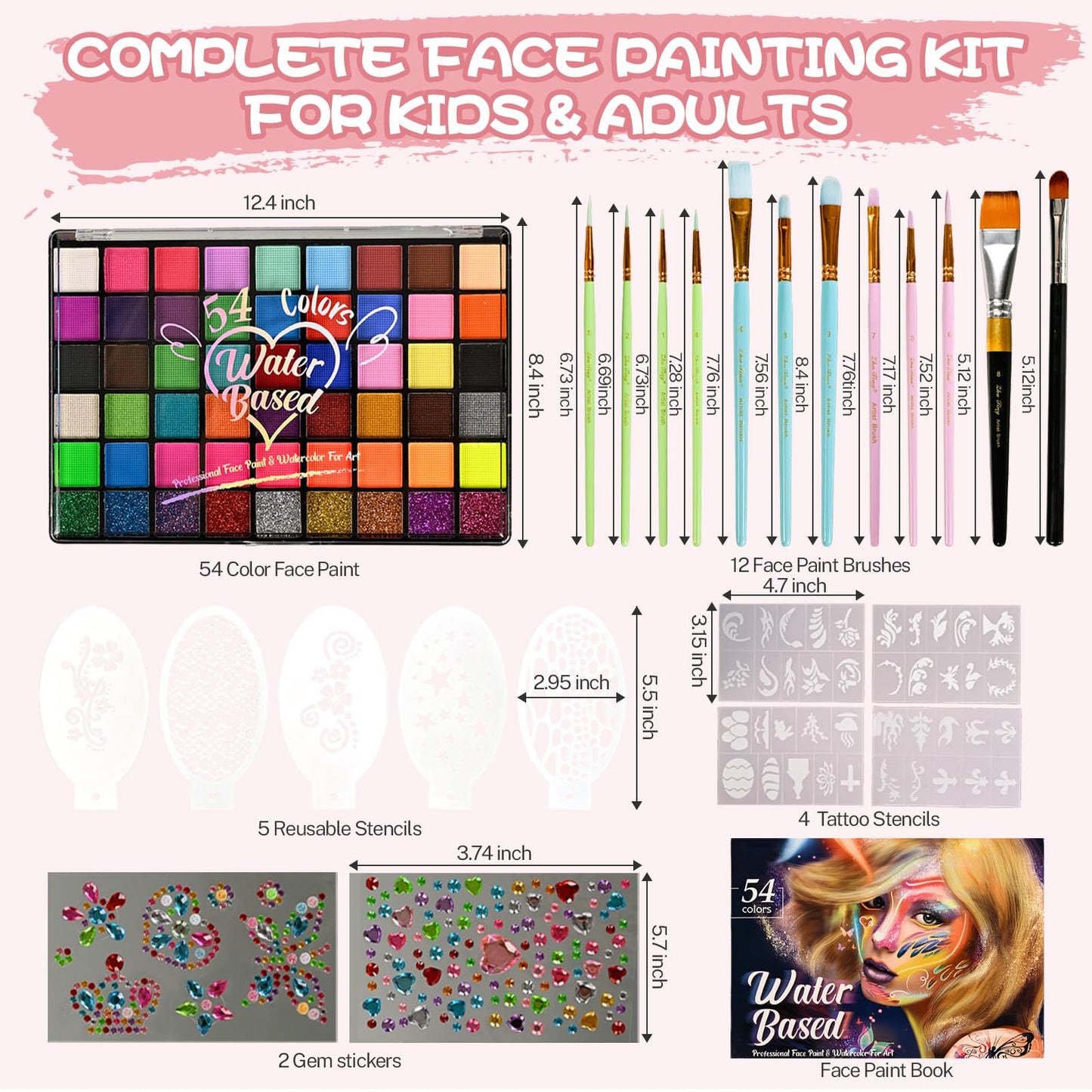 KNLDEFV 54 Color Kids Face Painting Kit, Non Toxic Water Activated Face Paint Palette with Stencils, Brush, Sparkle Gems. Perfect for Birthday Beauty & Personal Care KNLDEFV