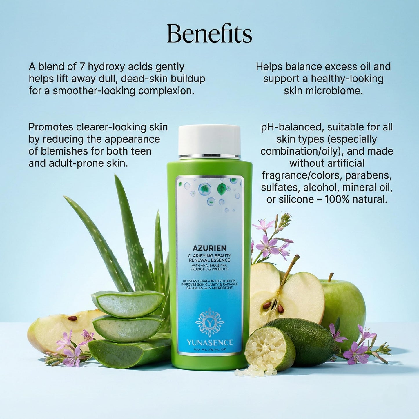YUNASENCE AZURIEN Clarifying Beauty Renewal Essence, 6oz. with Blend of 7 Types of AHA+BHA+PHA to Gently and Naturally exfoliate and Renew. Beauty & Personal Care Sweetsation Therapy