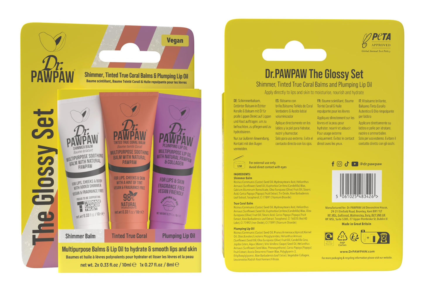 Dr. PawPaw Glossy Set - Lip Balm and Oil Giftset - Nourish and Moisturize with Olive Oil and Aloe Vera - Improve Elasticity with Collagen - 3 pc Beauty and Personal Care Dr. PAWPAW ORIGINAL BALM