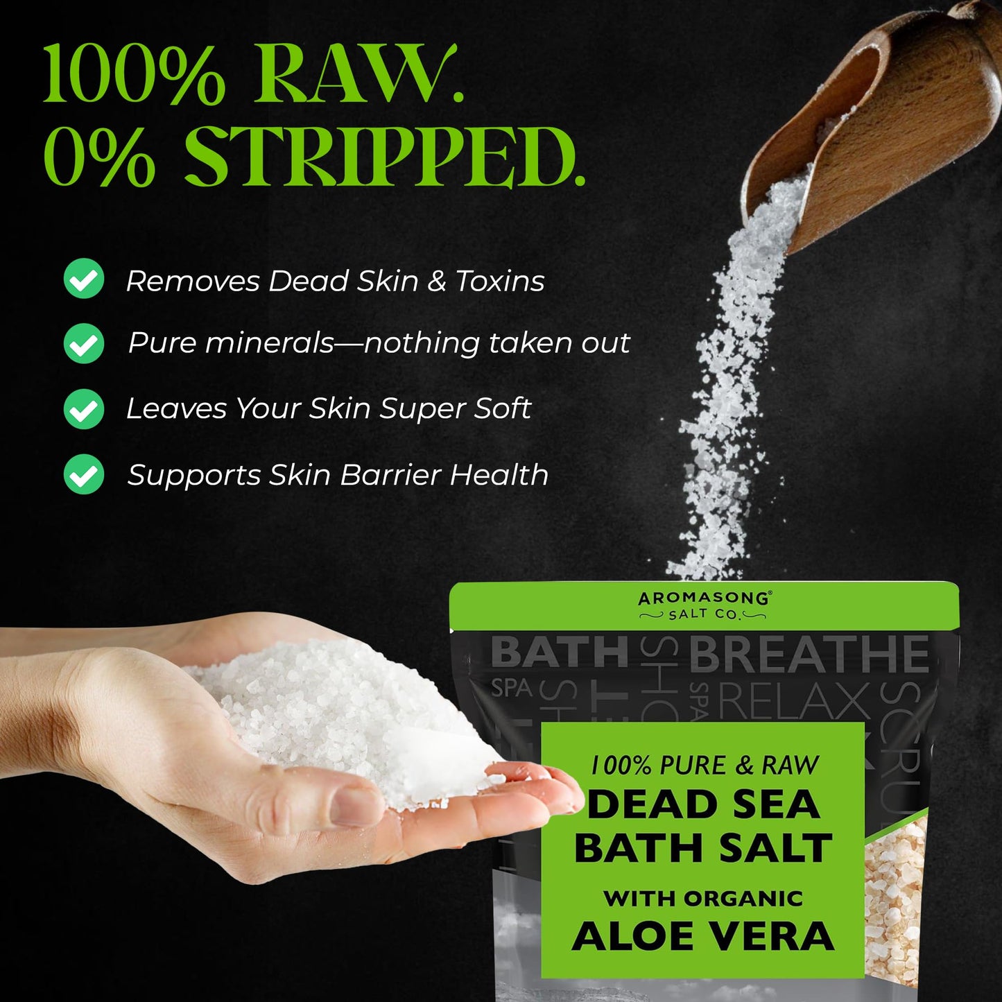 Aromasong 5 lbs Raw Dead Sea Salt with Organic Aloe Vera, not Cleaned, Still Contains All Dead sea Minerals Including Dead sea Mud, Fine Medium Grain Beauty and Personal Care Aromasong