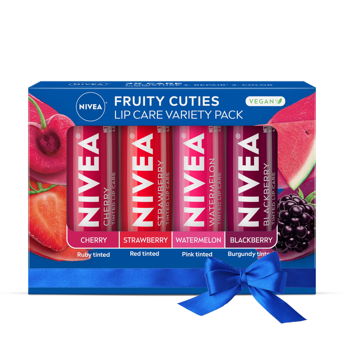 NIVEA Lip Care, Fruity Tinted Lip Balm Variety Pack, Cherry, Strawberry, Blackberry and Watermelon Flavors, 3-in-1 Moisture, Repair and Color, 0.17 Oz Beauty & Personal Care NIVEA