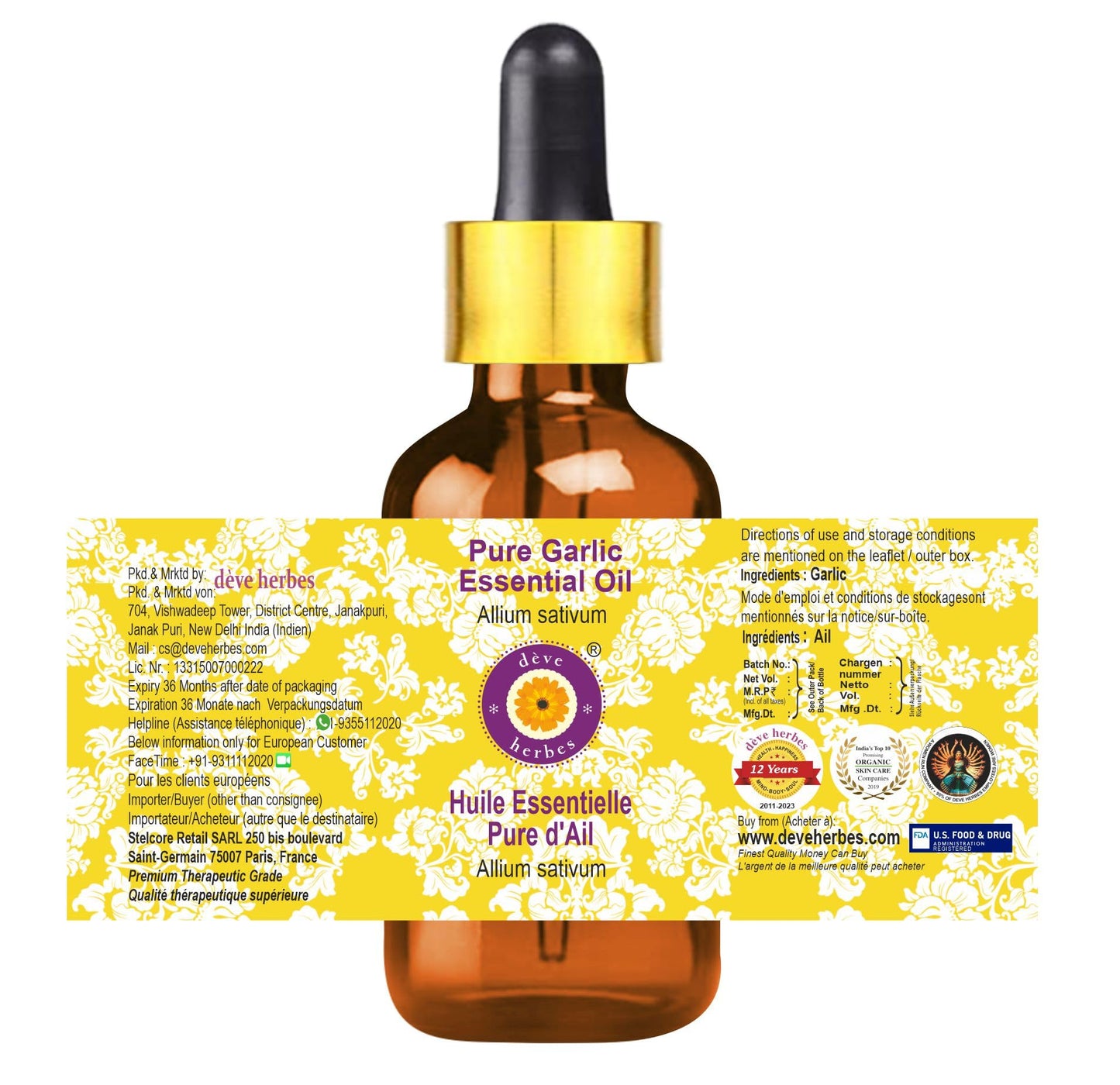dève herbes Garlic Essential Oil (Allium sativum) with Glass Dropper - Pure - Non-Sticky - Non-Greasy - Lightweight - Men & Women - All Skin Types Beauty and Personal Care dève herbes