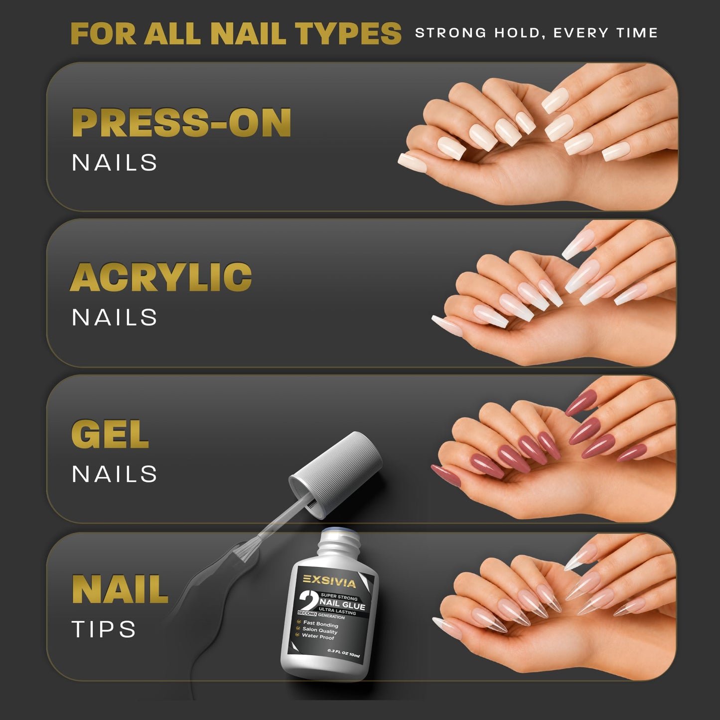 Super Strong Nail Glue for Press On Nails, Acrylic Nails & Nail Tips (10ml),Extra Strength Long Lasting Brush-On Adhesive, Mess-Free, No Dehydrator or Beauty and Personal Care EXSIVIA