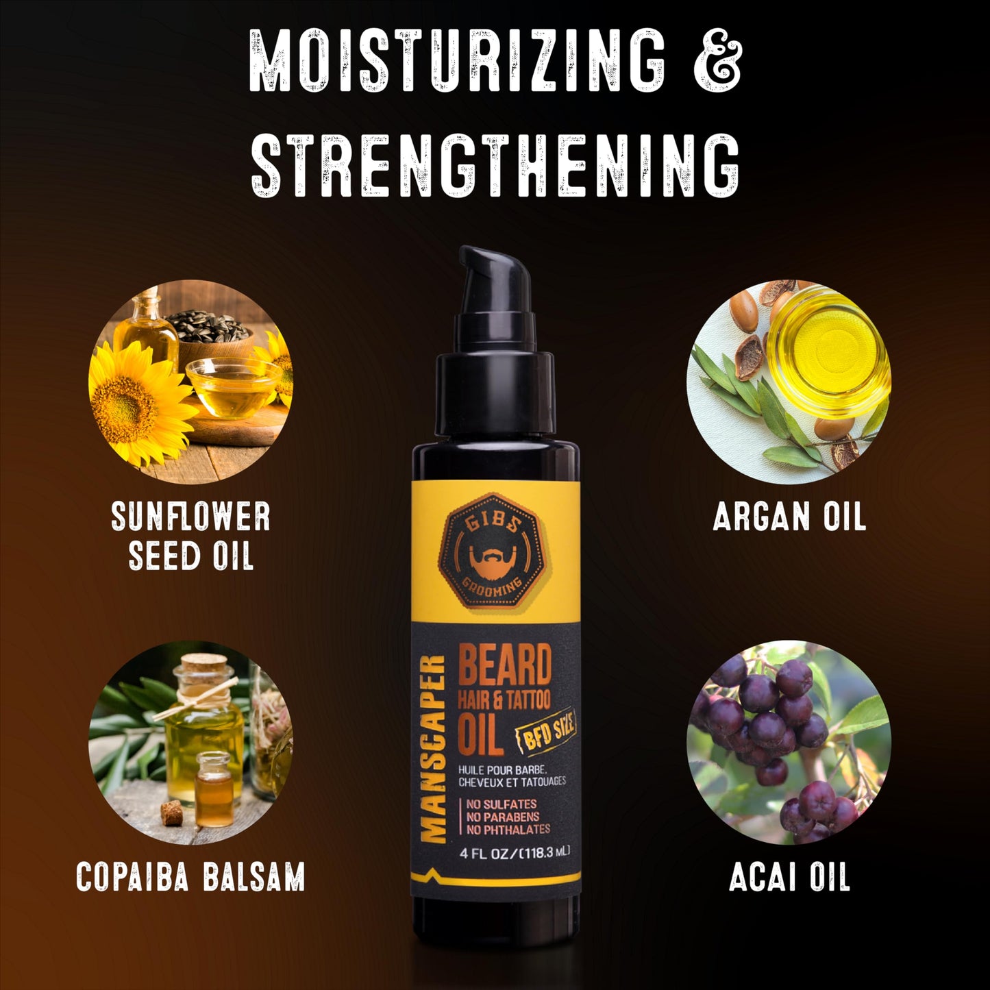 GIBS Grooming - Bush Master Beard, Hair & Tattoo Oil (1 fl oz) - Softens, Strengthens, Protects - Skin Moisturizer - Vitamin C - UV Shield - Travel Beauty and Personal Care GIBS