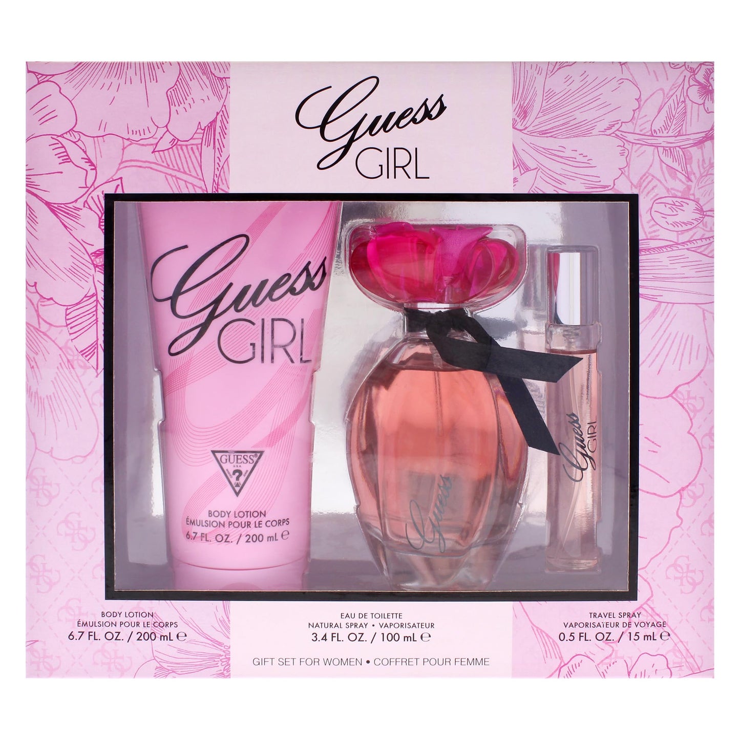 GUESS Girl Eau de Toilette 3 Piece Gift Set - Perfume Spray 3.4 Fl. Oz., Travel Spray 0.5 Fl. Oz., & Body Lotion 6.7 Fl. Oz Beauty & Personal Care GUESS