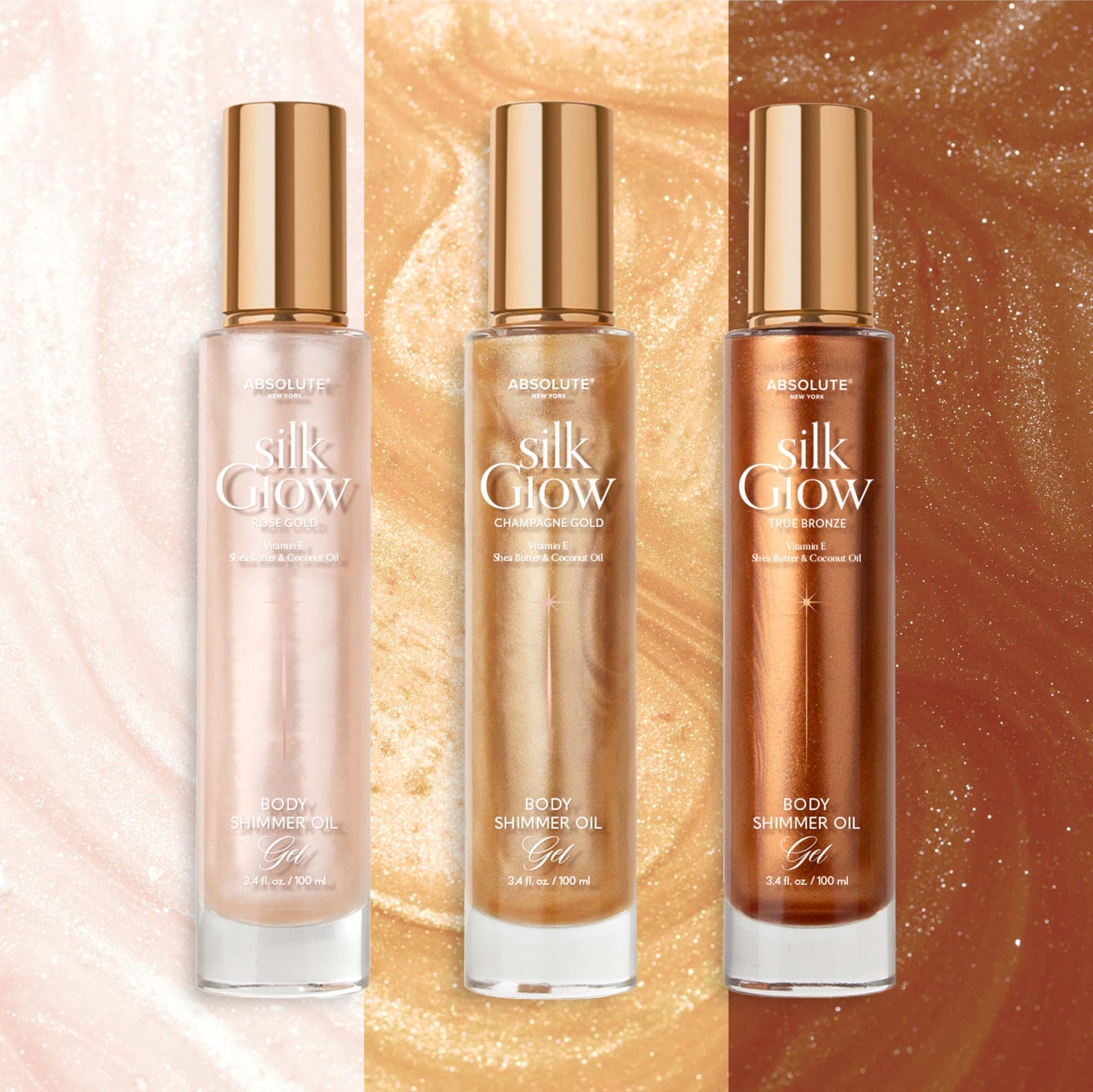 Absolute New York - Silk Glow Shimmer Mist Glow, Radiant, Shimmer Body & Face & Hair, Shea Butter, Coconut Oil, Vitamin E (SBGS04 Rose Gold Oil Gel Beauty & Personal Care Absolute New York