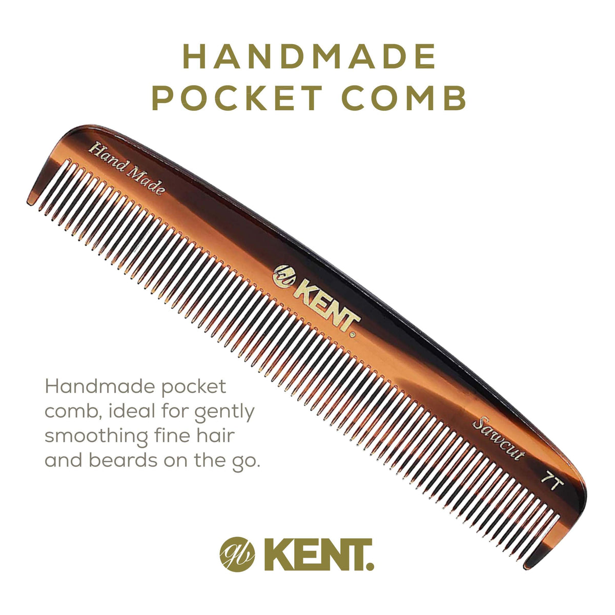 Kent 7T Handmade All Fine Tooth Pocket Comb for Men, Hair Comb Straightener for Everyday Grooming Styling Hair, Mustache and Beard, Use Dry or with