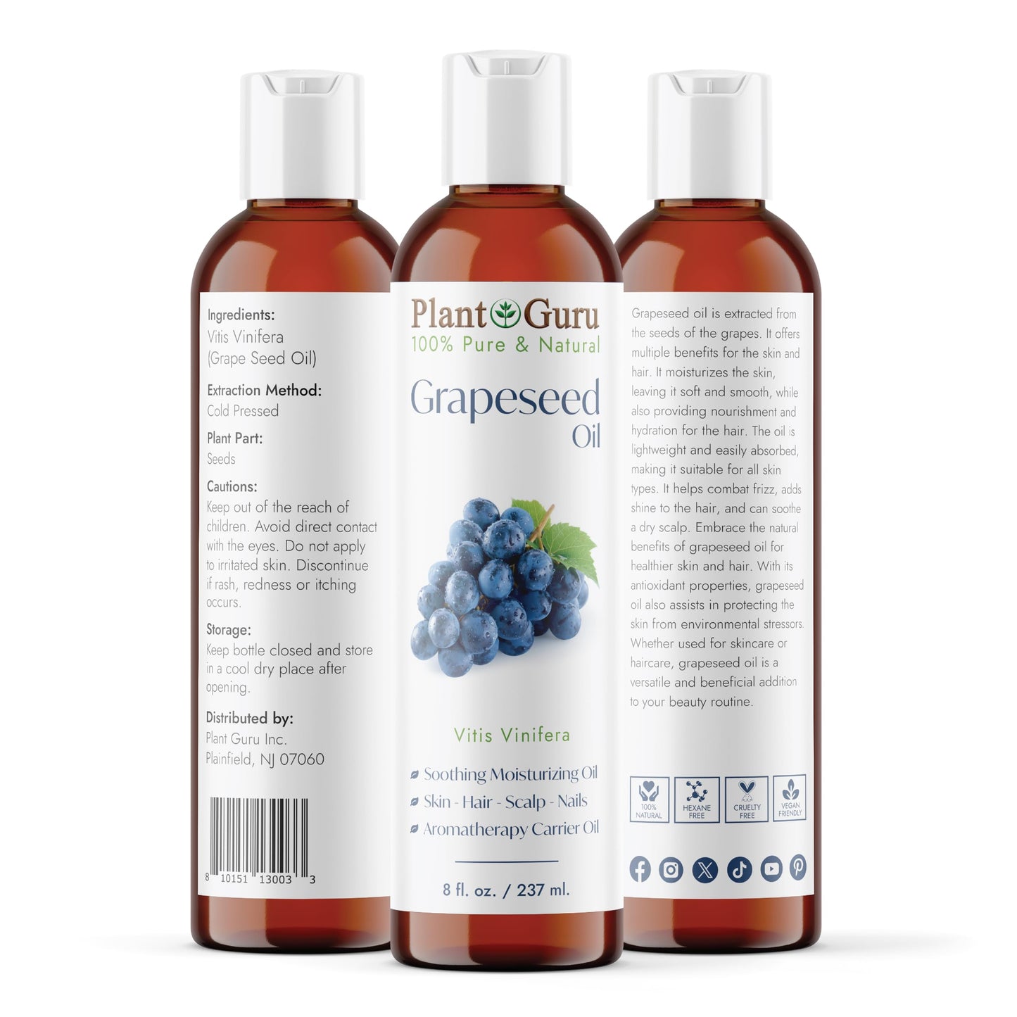 Plant Guru Grapeseed Oil 8 oz. Cold Pressed 100% Pure Natural Carrier For Skin, Body, Face, and Hair Growth Moisturizer. Great For Creams, Lotions Beauty & Personal Care Plant Guru