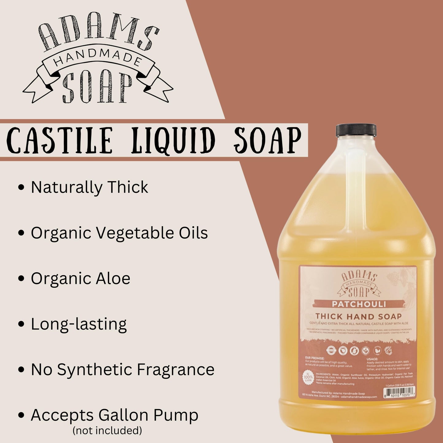 Adams Handmade Soap Thick Organic Castile Liquid Hand Soap 1 Gallon Refill - Patchouli Beauty & Personal Care Adams Handmade Soap
