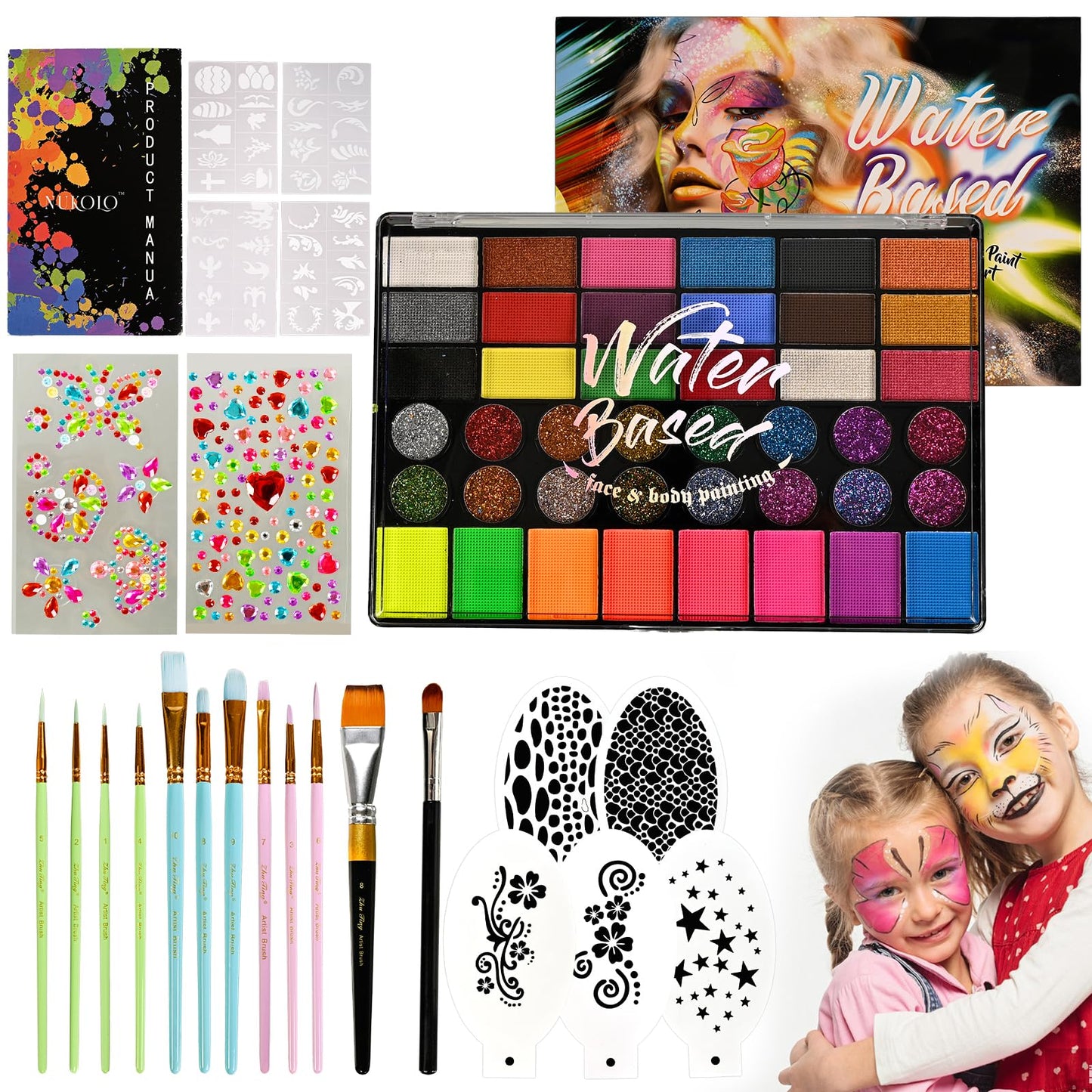 Ruihangda 42 Colors Face Painting Kit for Kids, Non Toxic Water Based Face Body Paint with Brushes, Stencils, Sponges, Gem Stickers, Washable Makeup Beauty & Personal Care Ruihangda