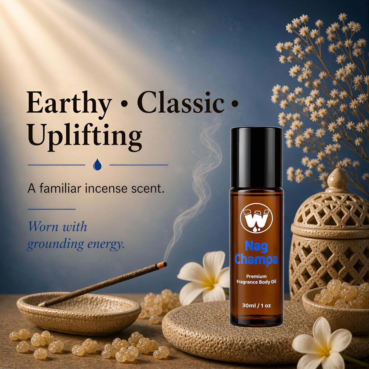 WagsMarket - Nag Champa Perfume Oil, from 0.33oz Roll On to 4oz Glass Bottle (1oz Roll-On) Beauty & Personal Care WagsMarket