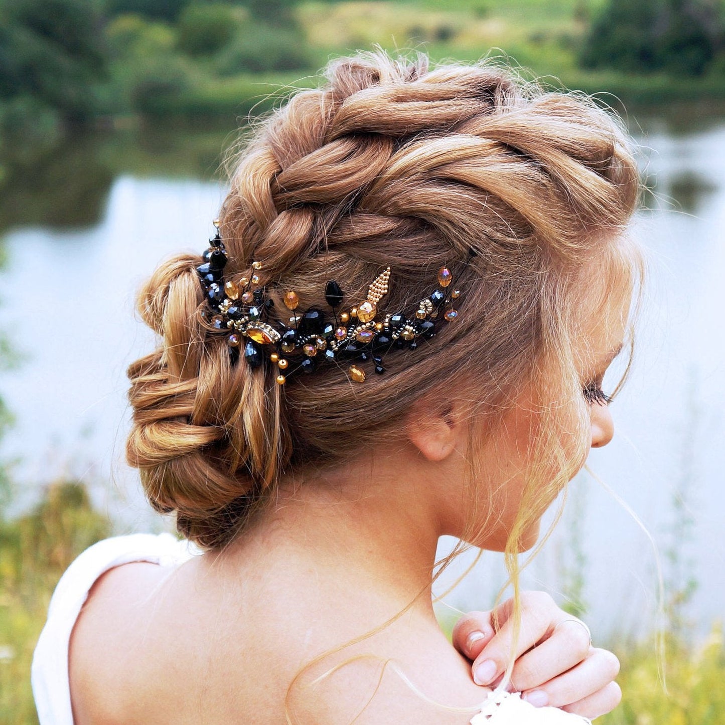 Kercisbeauty Wedding Bridal Black Hair Comb Champagne Beads Long Chain Hair Piece Bridal Headband for Bun Hair Accessories for Women Beauty & Personal Care Kercisbeauty