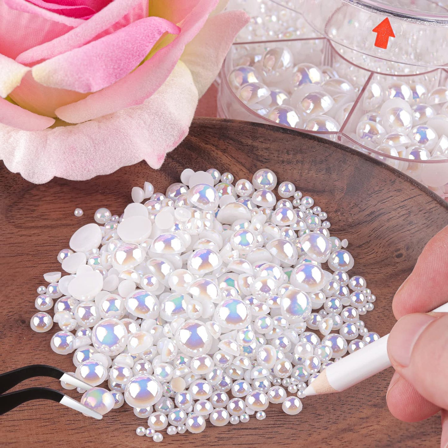 Nail Art Flat Back Half Round Pearl Kits 5, 1 Box of 2400 Pcs Flat-Back White AB Pearl with Tweezer and Picker Pencil for Home DIY Nails Body Face Beauty & Personal Care BELLEBOOST