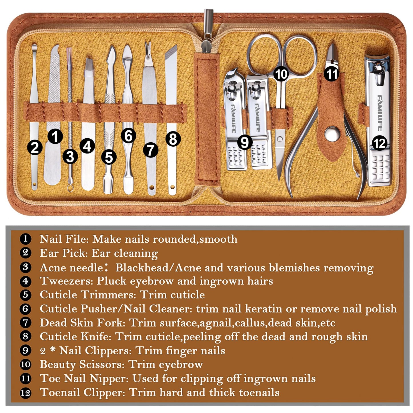 FAMILIFE Manicure Set, Nail Professional Kit Manicure Kits Nail Clipper Sets, 13PCS Stainless Steel Pedicure Sets Mens Grooming Tool, with Brown Beauty & Personal Care FAMILIFE