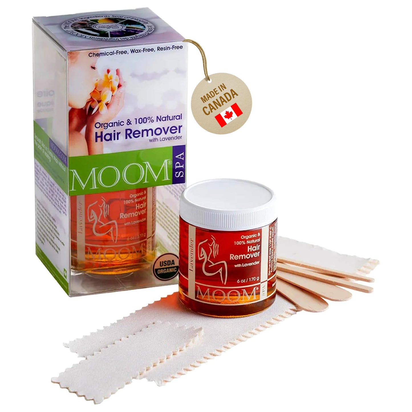 MOOM USDA Organic Sugar Waxing Kit for Women & Men with Lavender Essential Oil, 6 oz Sugar Wax, 18 Reusable Wax Strips & 4 Wax Applicator Sticks Beauty and Personal Care MOOM