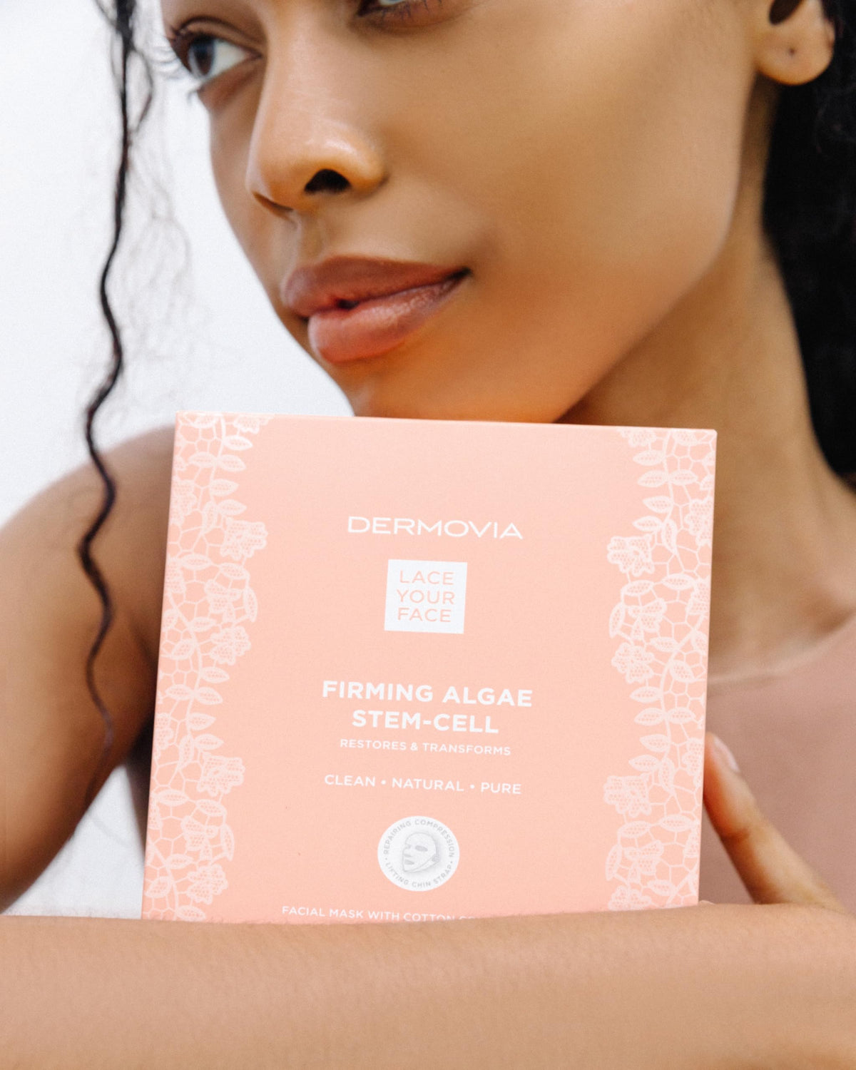 DERMOVIA LACE YOUR FACE Patented Compression Facial Mask, Reusable Biodegradable Cotton Anti Aging Skin Care, Firming Algae Stem Cell, 4 pack