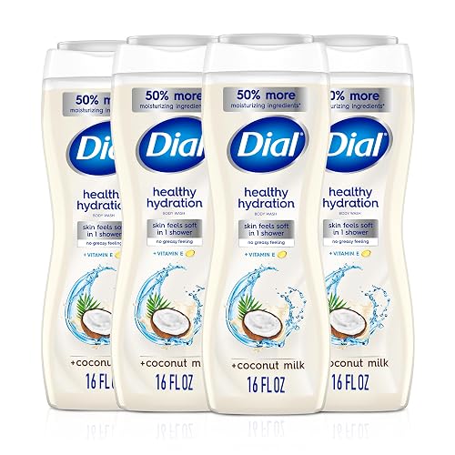 Dial Body Wash, Healthy Hydration, Coconut Milk + Vitamin E, 16 fl oz (Pack of 4), Gentle, Leaves Skin Feeling Soft In 1 Shower, Dermatologist-Tested Beauty & Personal Care Dial