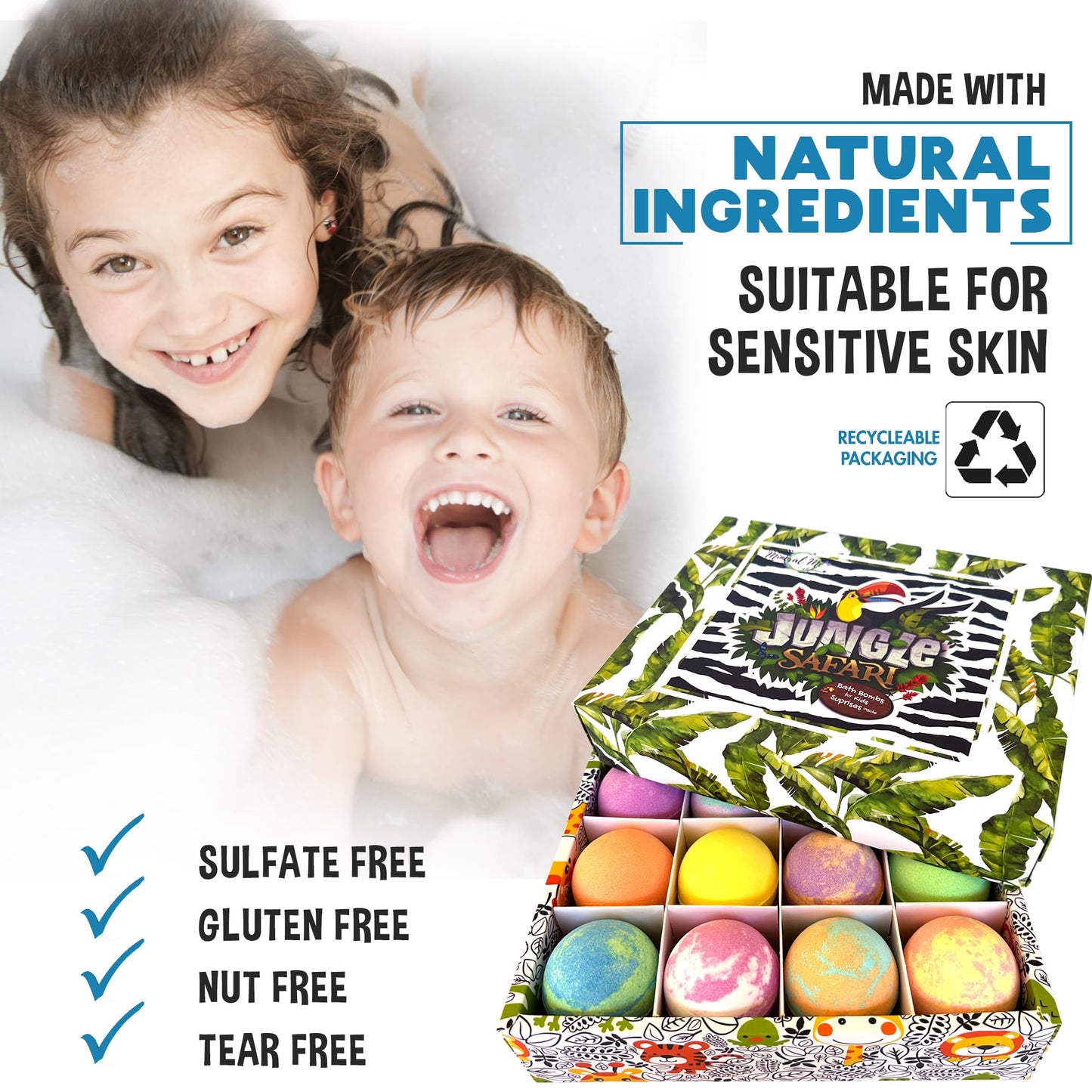 Bath Bombs for Kids with Surprise Inside, 12 Bubble Bath Fizzies with Jungle Animal Toys. Moisturizing, Gentle & Kids Safe, Rainbow Spa Bath Fizz Beauty and Personal Care Mineral Me California